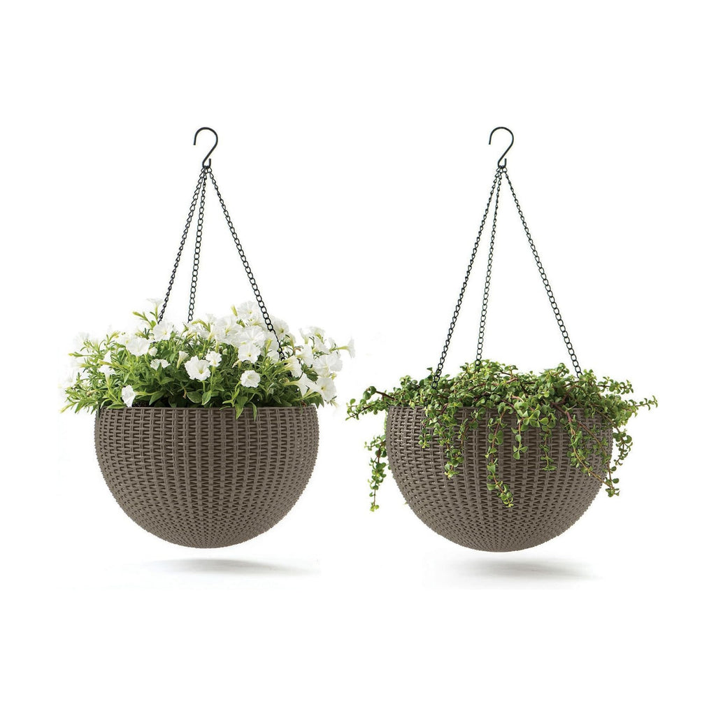 Keter Resin Rattan Set of 2 Round Hanging Planter Baskets for Indoor and Outdoor Plants-Perfect for Porches and Patio