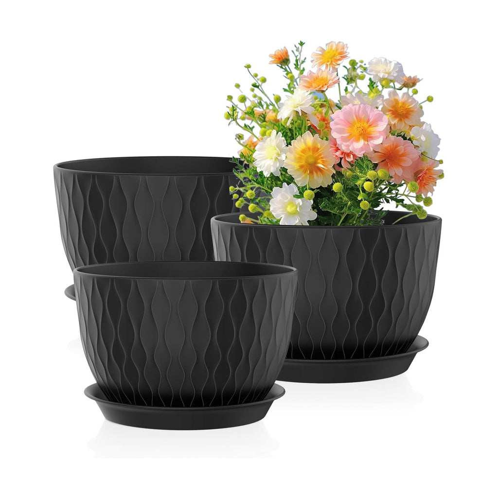 Meowell 12/10/9 inch Large Plant Pots, 3 Pack Wide Flower Pots for Outdoor Indoor Plants with Water Ripples, Big