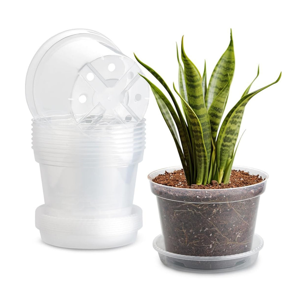 7 Pack 8 Inch Clear Nursery Pots with Saucer, Transparent Plastic Plant Pot with Drainage Holes, Sturdy Plant Starter Pots, Planter Pot for Planting Succulent Flower Herb Vegetable, Gardening Gifts