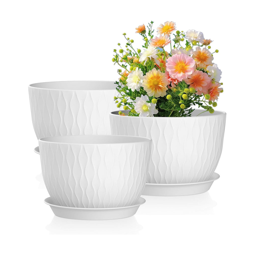 Meowell 12/10/9 inch Large Plant Pots, 3 Pack Wide Flower Pots for Outdoor Indoor Plants with Water Ripples, Big