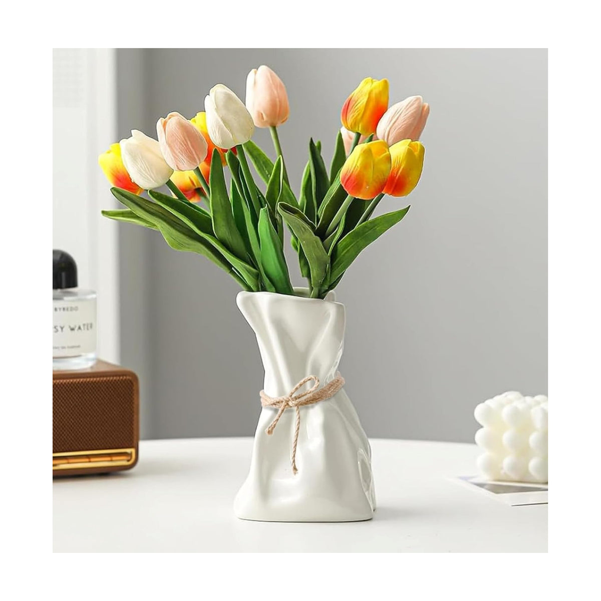 FOWSEEK 6IN White Ceramic Vase, Irregular Flower Vase Modern Art Decorative Vases for Flowers, Unique Paper Bag Vases for Home Office Centerpieces Entryway Bookshelf Living Room Table Decor