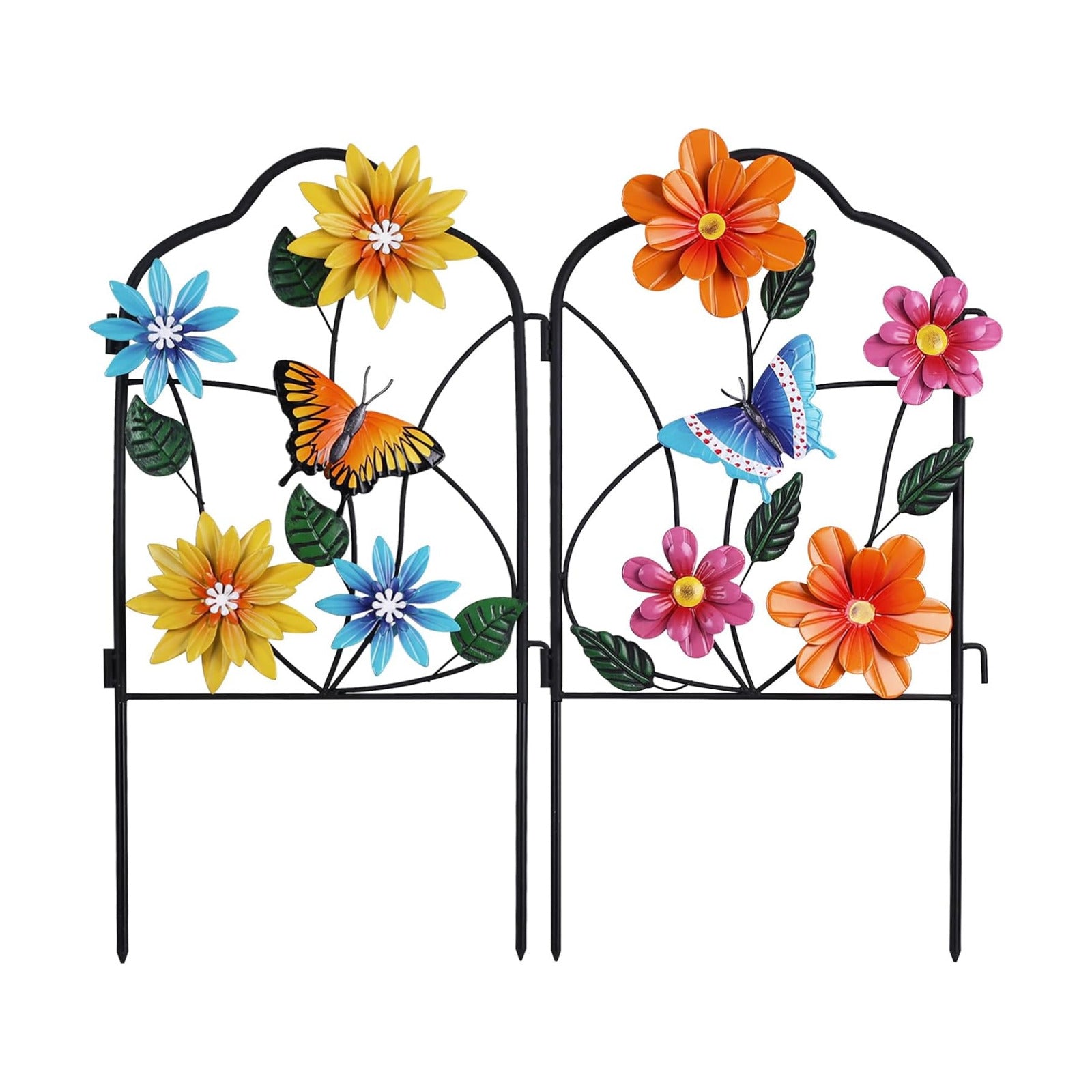 hogardeck Garden Decor for Outside, Set of 2 Metal Fence Decorative Garden Stakes with Flowers for Spring Decor, Yard