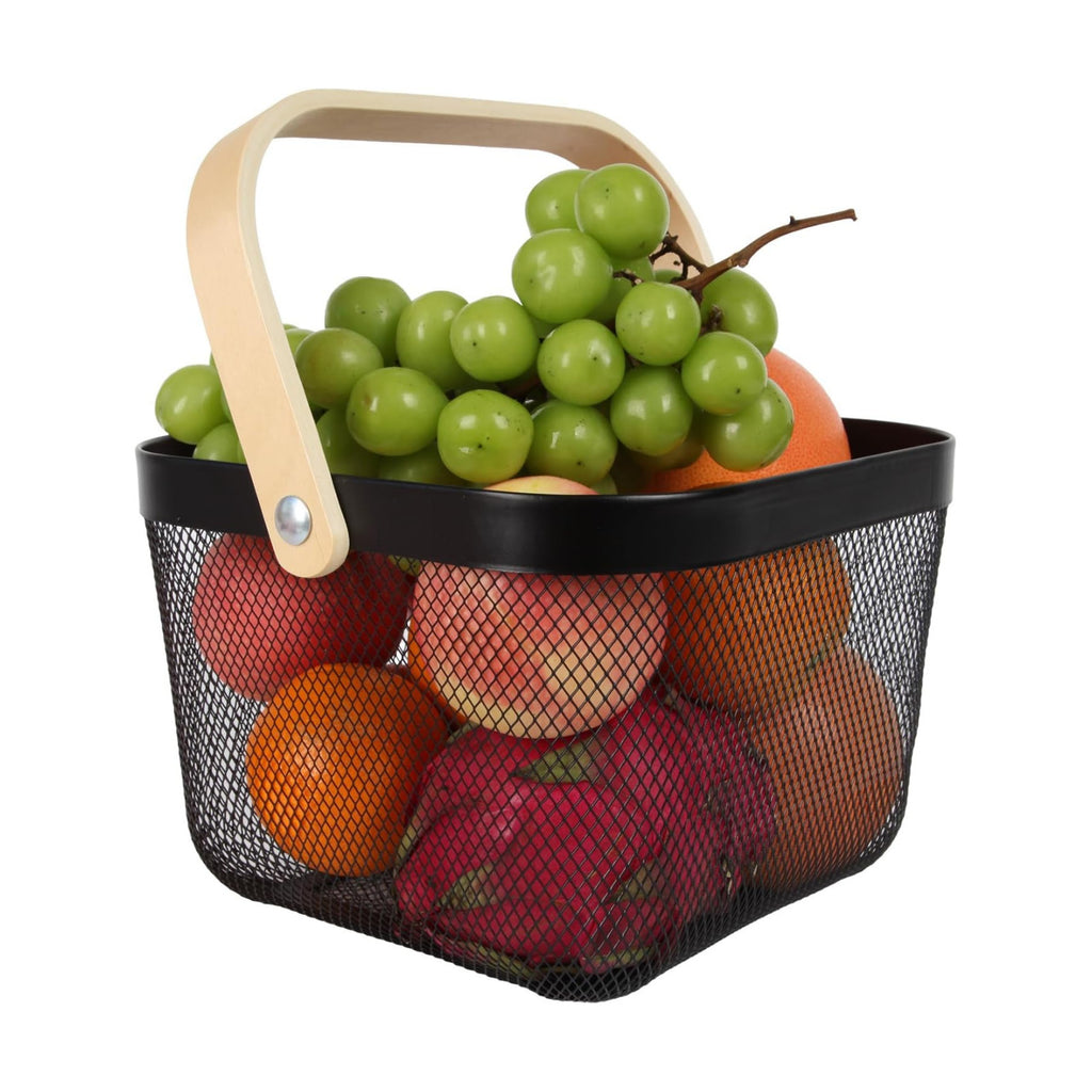 Mesh Steel Harvest Basket with Wood Handle,Hanging Kitchen Baskets Outdoor Basket,Harvest Basket for Garden