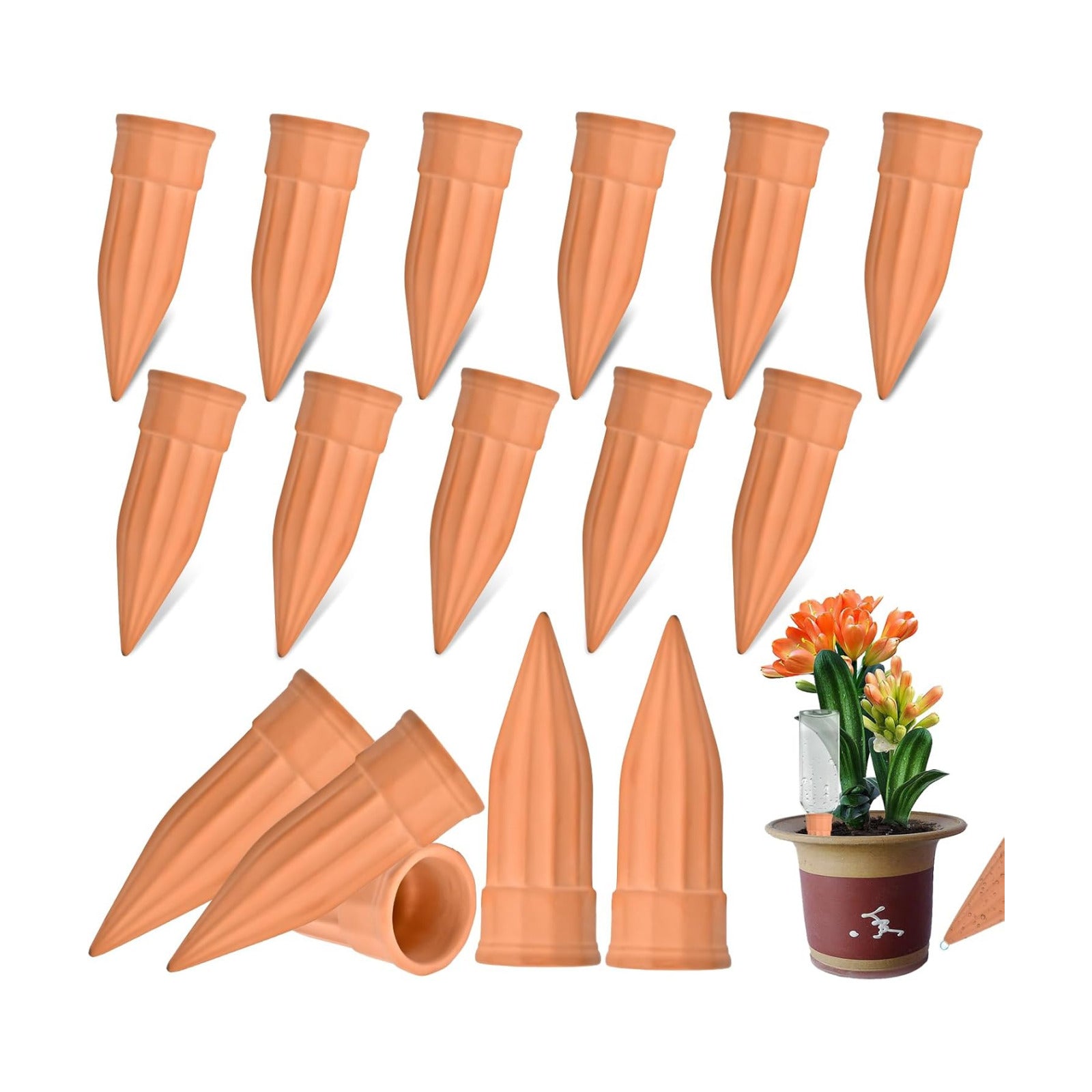 16 Pack Terracotta Plant Waterers - Self Watering Spikes and Watering Stakes for Automatic Watering, Slow Release