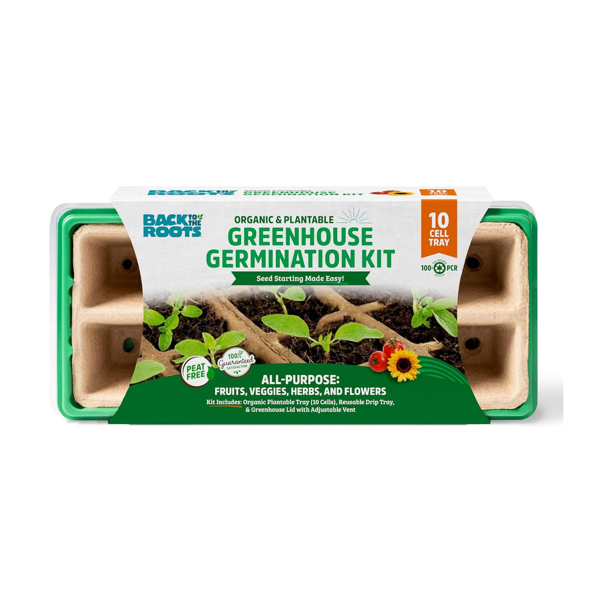 Back to The Roots 10-Cell Greenhouse Germination Kit | Includes Biodegradable Pots & Vented Greenhouse Lid | Made from 75% Recycled Plastic