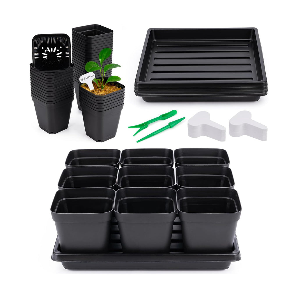 Seed Starter Tray Kit 3.5" 50 Pcs Square Nursery Pots Trays 9 Cell Seed Starting Pots with Drainage Holes 5 Pcs Seed