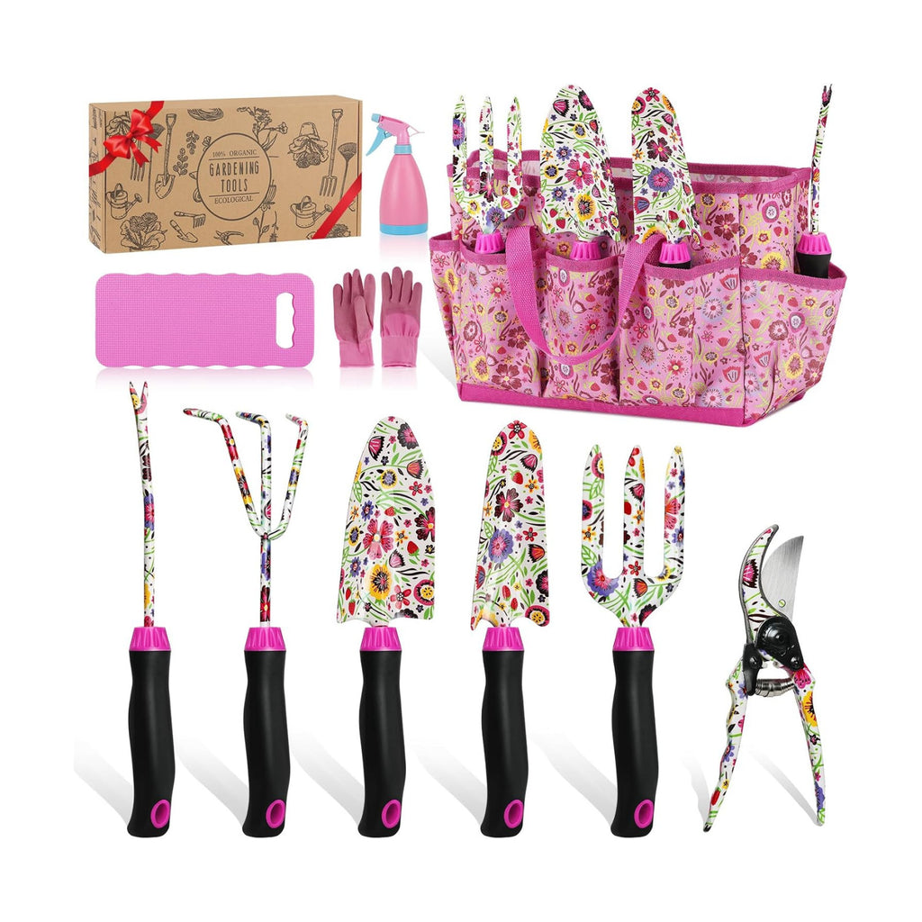 Housolution Gardening Tools Set, 10PCS Gardening Gifts for Women, Pink | Heavy Duty Garden Tools with Non-Slip Rubber