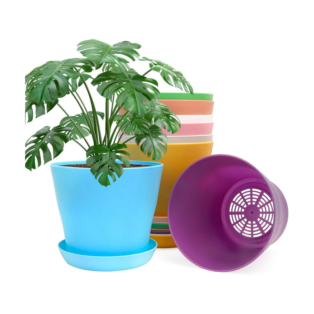 6.7 Inch Plant Pots Indoor Outdoor, 8 Pack Colorful Plant Flower Pots with Drainage Holes and Saucers Plastic Planters