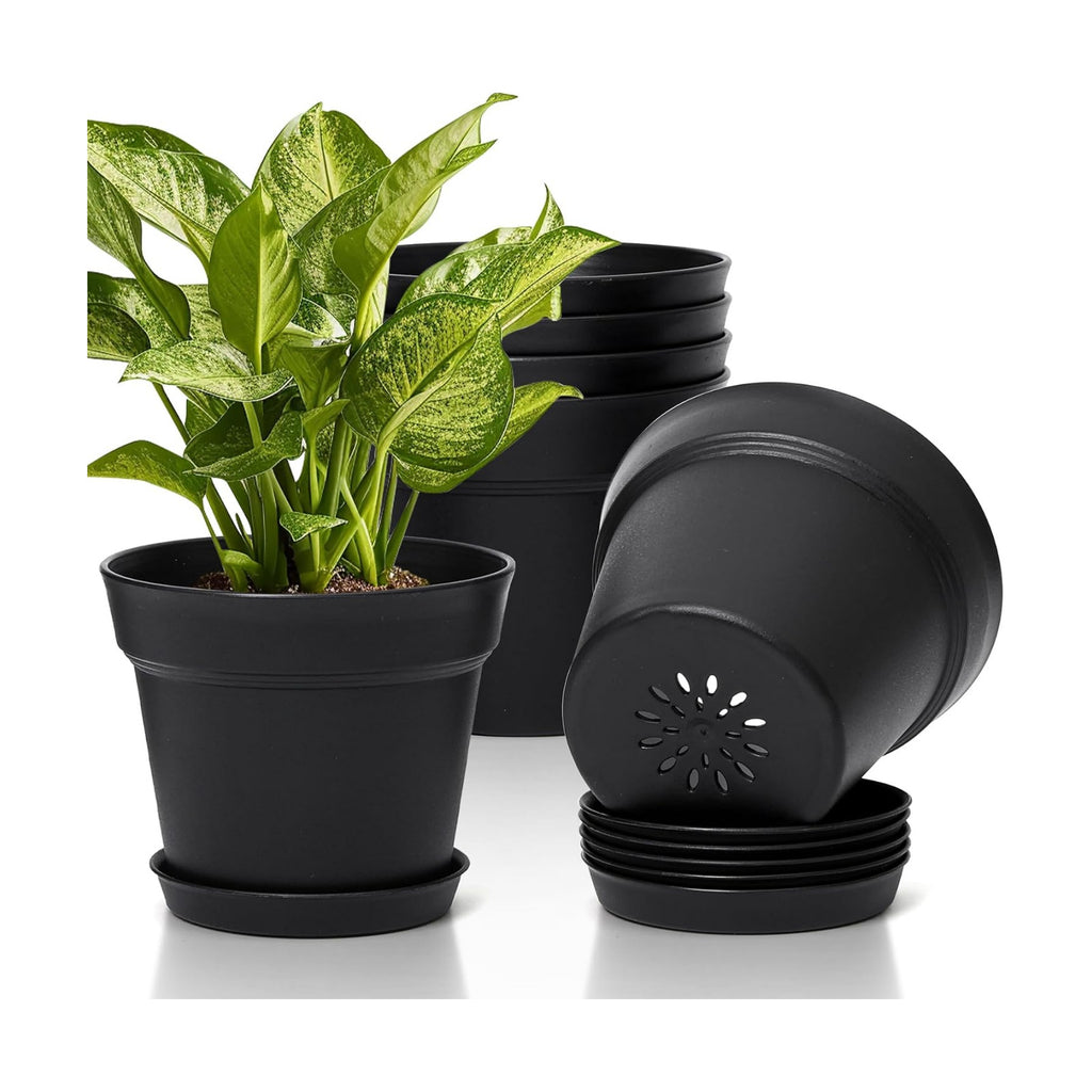 T4U 7.5 Inch Plant Pots 6 Pcs, Flower Pots for Indoor Plants Plastic Pots for Plants with Drainage Holes and Saucer, Planters for Indoor Plants for House Cactus Succulent Black