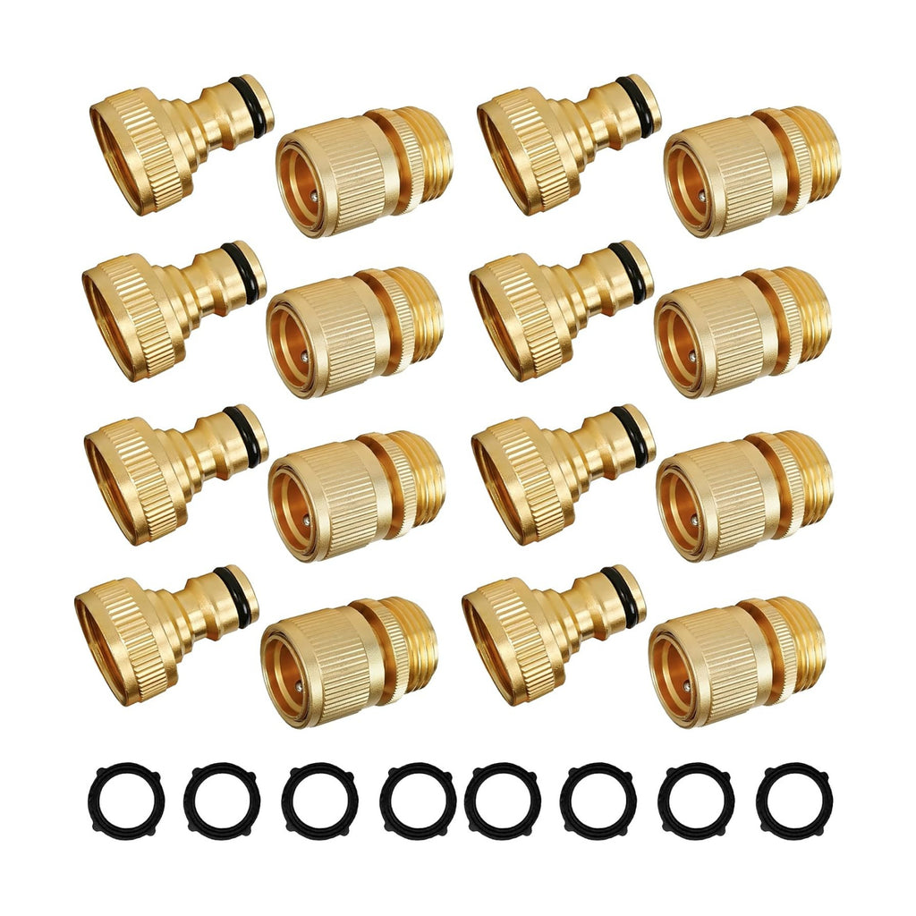 Hourleey Garden Hose Quick Connect, 8 Set Solid Brass 3/4 Inch GHT Thread Garden Hose Quick Connect Fittings, No-Leak