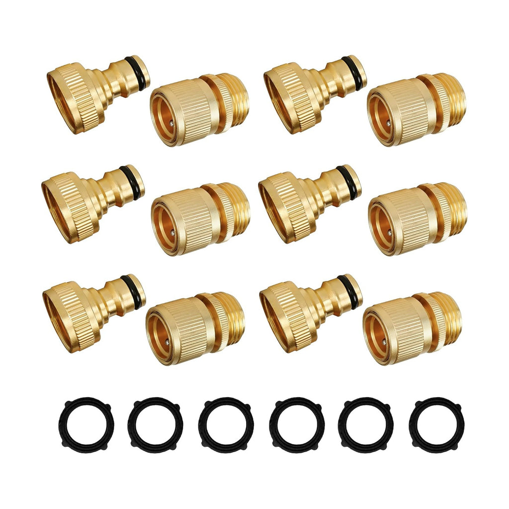 Hourleey Garden Hose Quick Connect, 6 Set Solid Brass 3/4 Inch GHT Thread Garden Hose Quick Connect Fittings, No-Leak