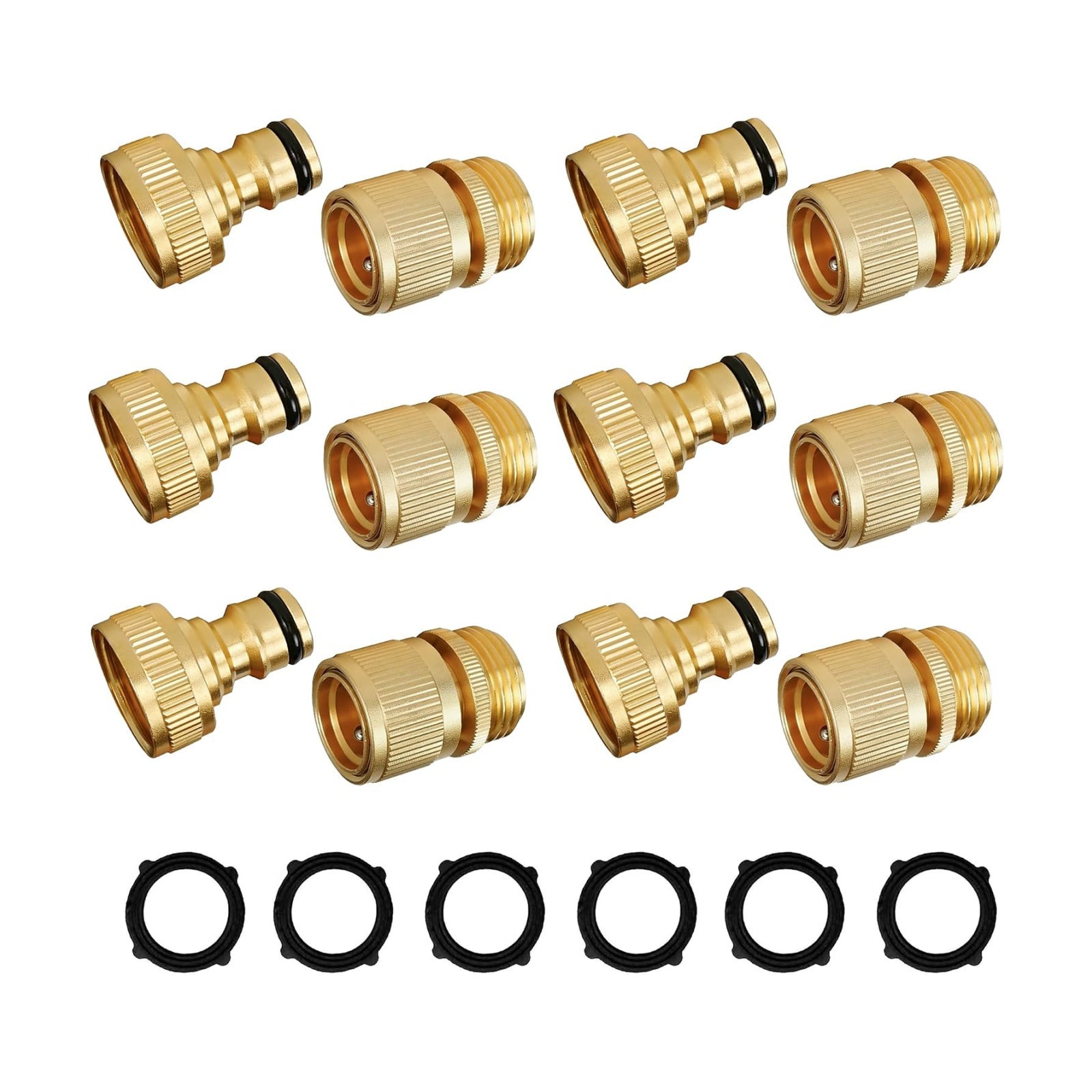 Hourleey Garden Hose Quick Connect, 6 Set Solid Brass 3/4 Inch GHT Thread Garden Hose Quick Connect Fittings, No-Leak