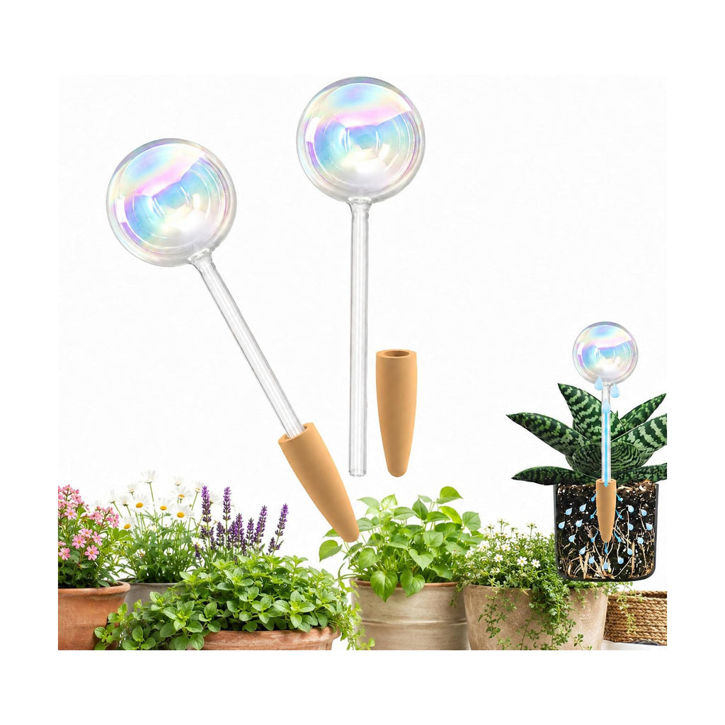 HyJeryty Non-Clogging Iridescent Ball Plant Watering Globes with Terracotta Spikes, Hand Blown Glass Self Watering