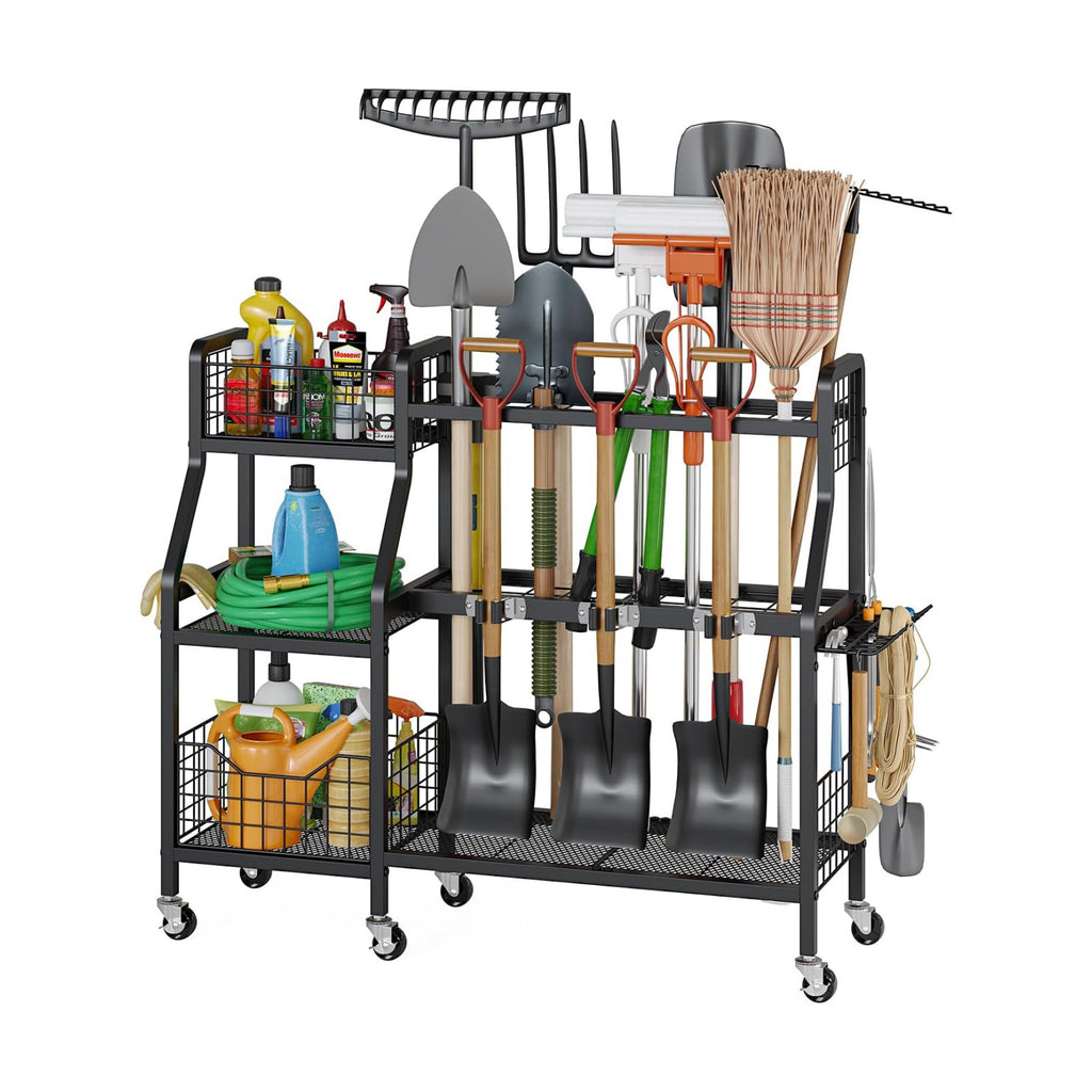keomaisyto Heavy-Duty Garden Tool Organizer with 6 Wheels and 2 Baskets | 3 Lockable Casters, Large Metal Yard Tool