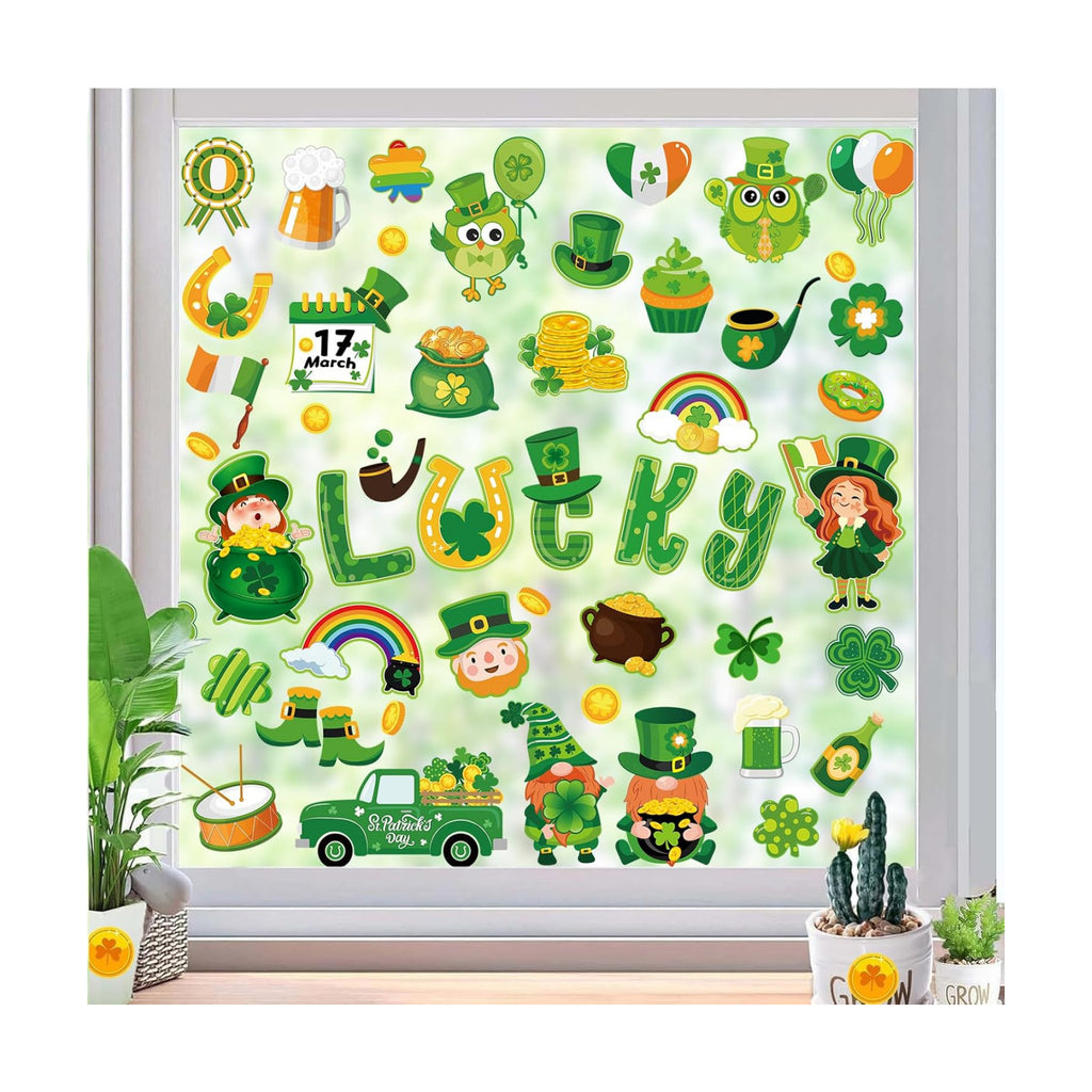 Whaline 9 Sheets St. Patrick's Day Cartoon Window Cling Stickers Cute Lucky Clover Green Shamrock Gnome Reusable Window Decals for Irish Party Home Classroom Decoration