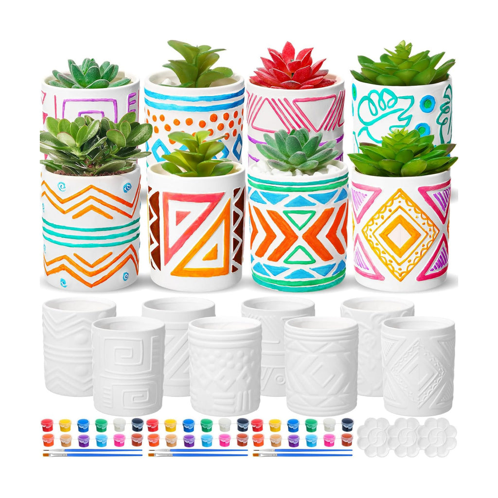 Zubebe 12 Pcs Paint Your Own Flower Ceramic Pots with Drainage Hole, 8 Style Bohemian Unfinished Succulent Pots
