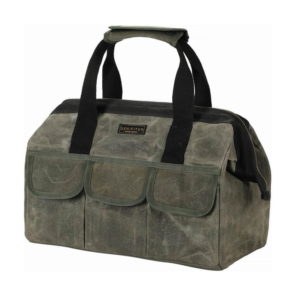 15 Inch Tool Bag, Heavy Duty Waxed Canvas Wide Mouth Water-Resistant Tool Pouch, Garden Tool Tote with 15 Pockets