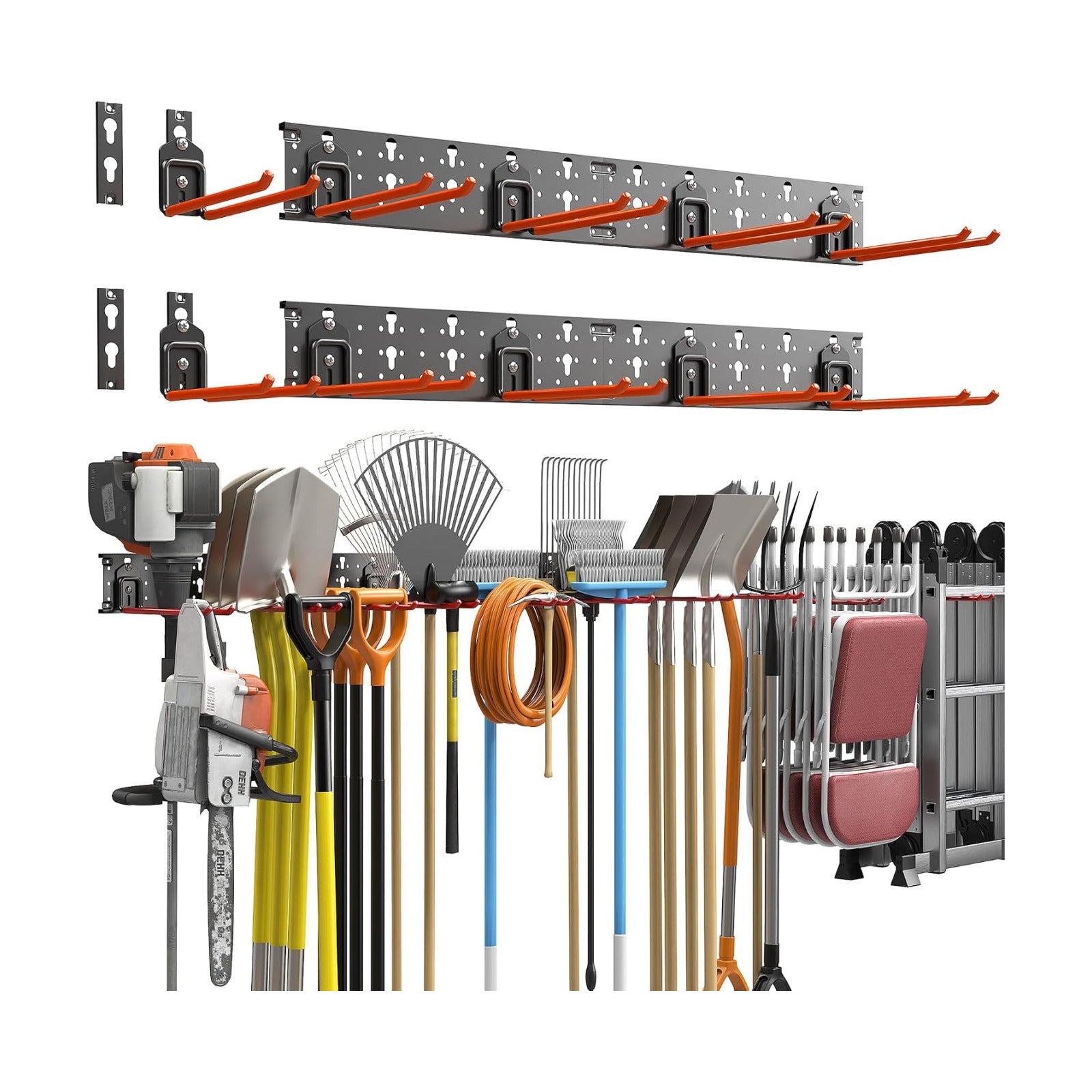 TORACK Garden Tool Organizer Wall Mount, Garage Folding Chair Storage Rack, Tools Rack for Shovels, Rakes, Broom