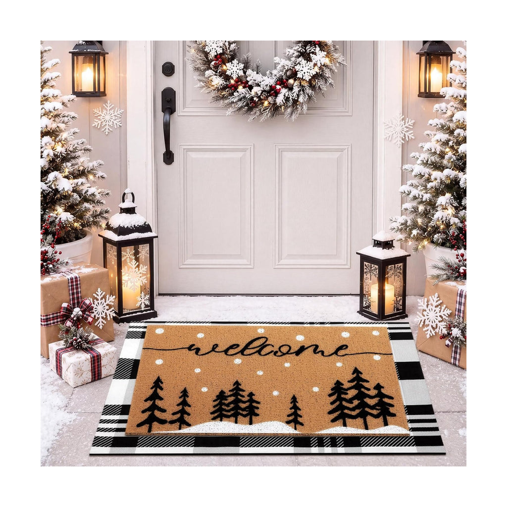 Tinideya 2 Pcs Christmas Layered Doormat Set for Front Porch, Snowy Tree