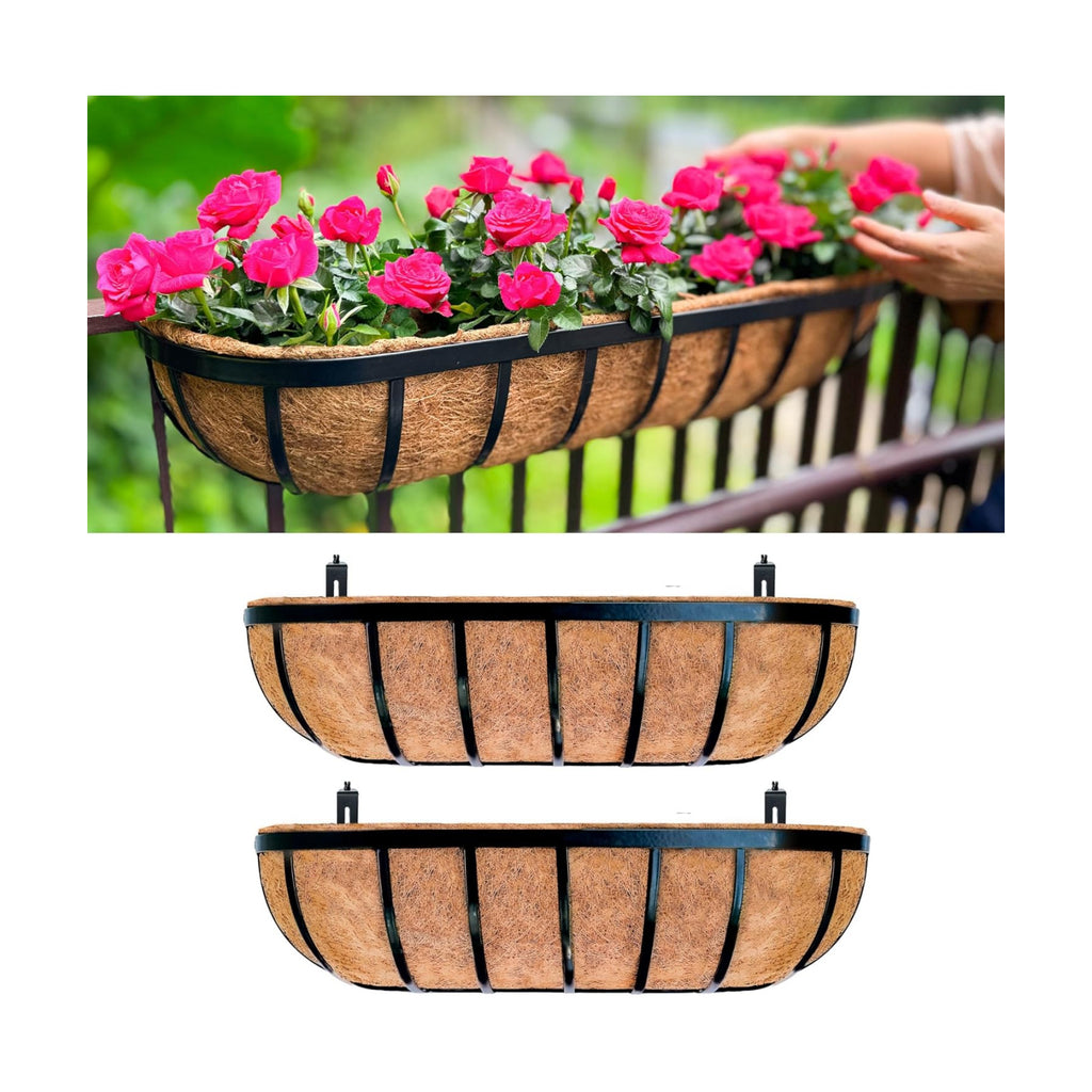 LaLaGreen Railing Planter Box (24 Inch, 2 Pack) Black Metal Rectangular Hanging Planters with Coco Liner, Flower Boxes