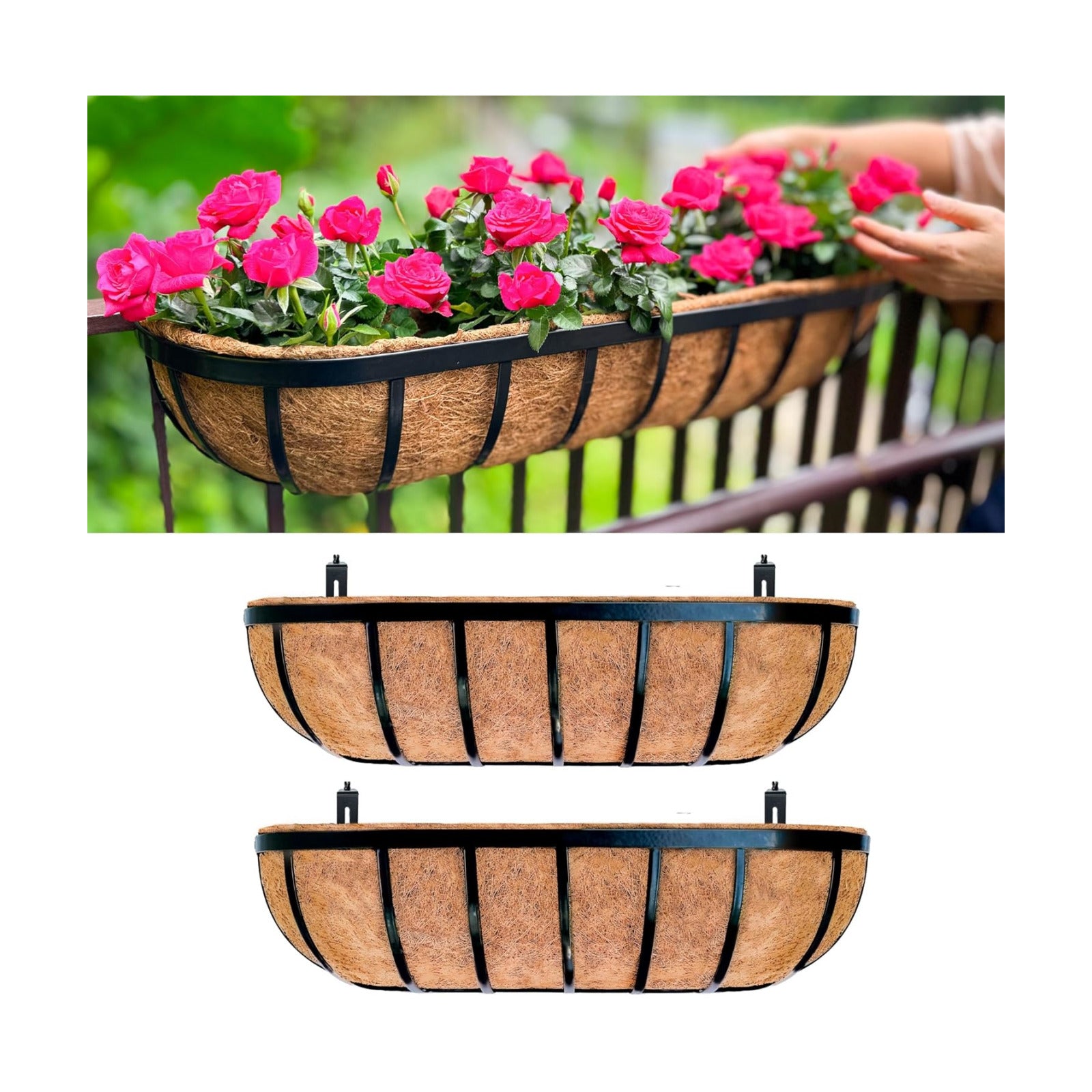LaLaGreen Railing Planter Box (24 Inch, 2 Pack) Black Metal Rectangular Hanging Planters with Coco Liner, Flower Boxes