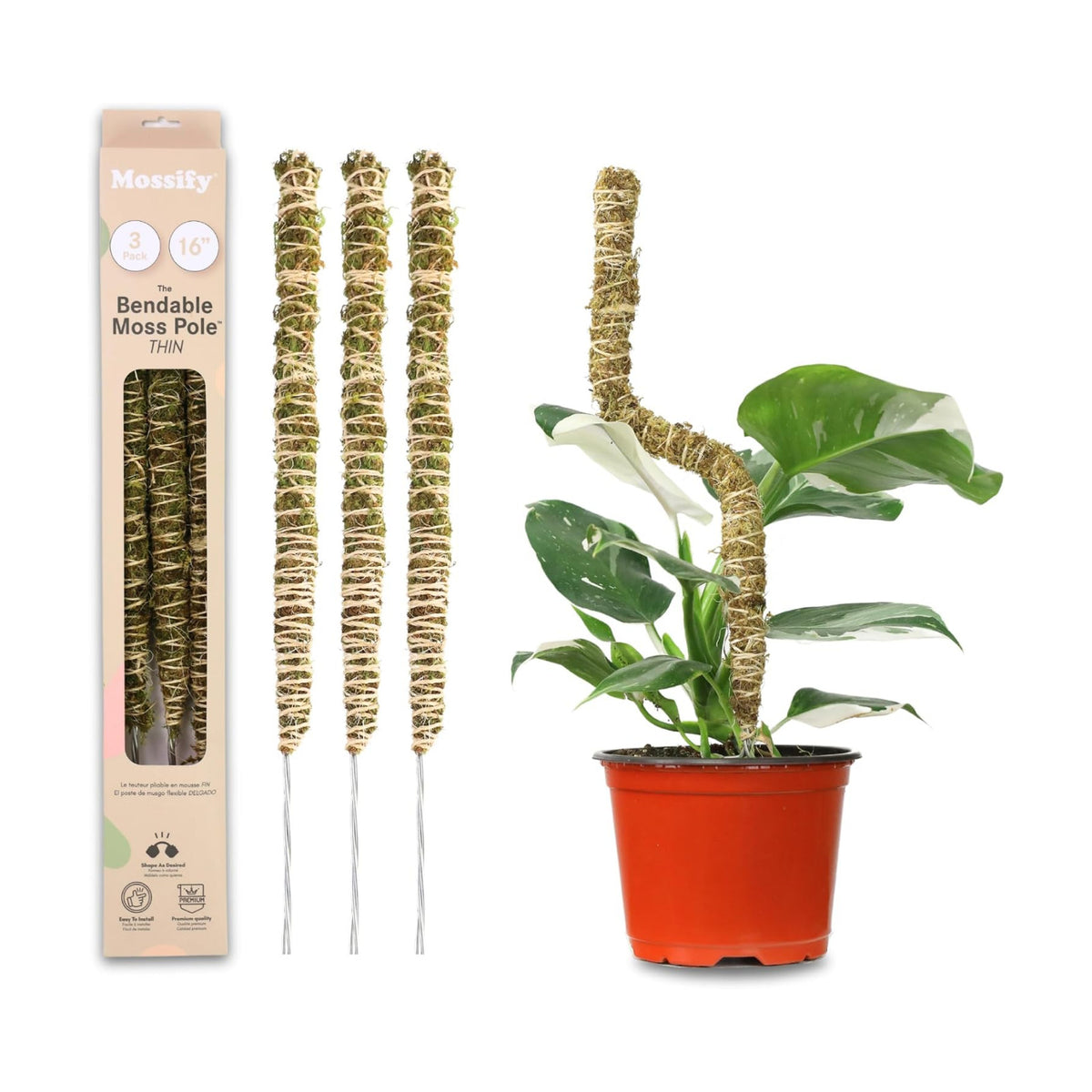 Bendable Moss Pole, 3 Pack, 16/30/42 in | Stackable & Shapeable Support for Climbing Monstera, Pothos & Philodendron