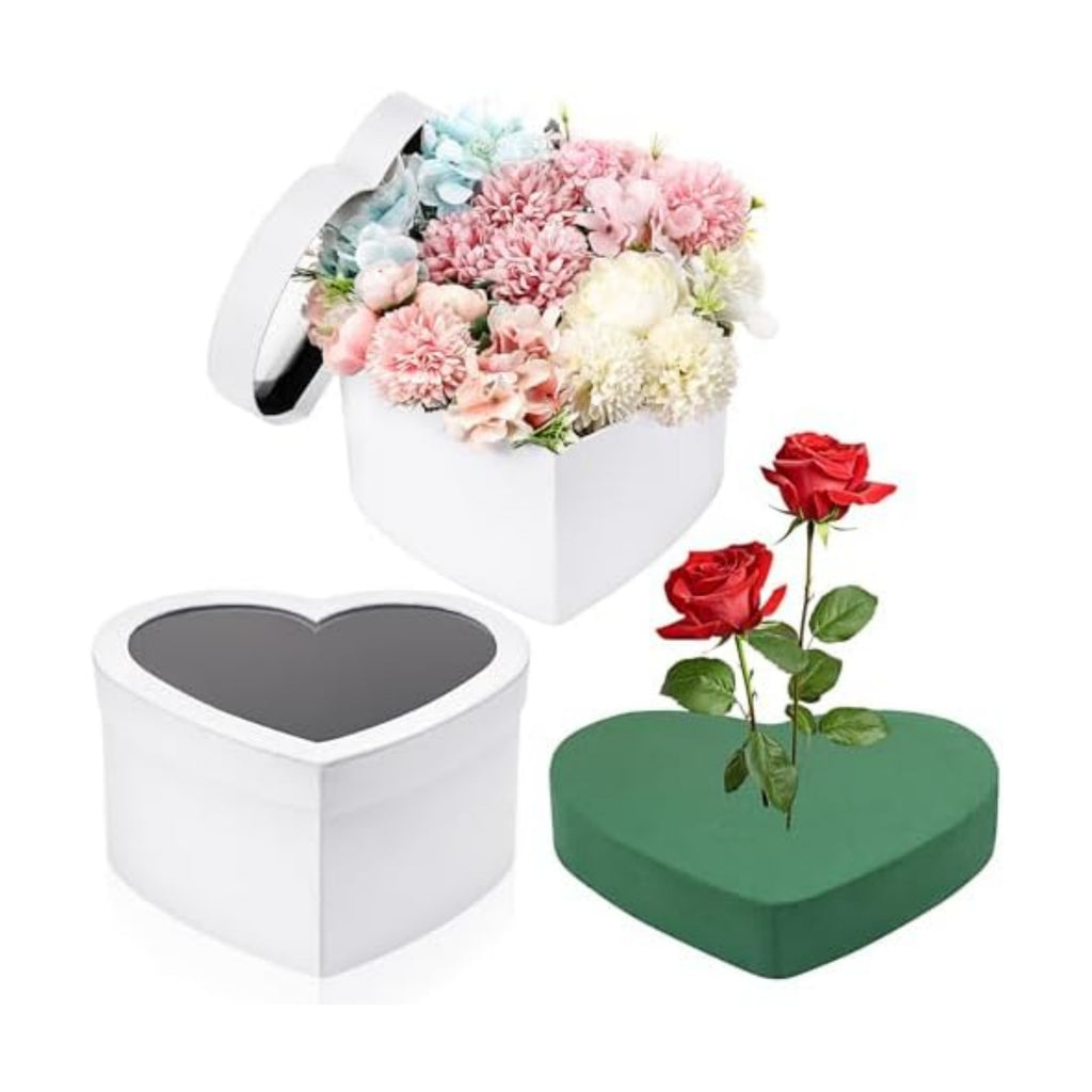 Nuenen Heart Gift Boxes for Her Him with Lid & Floral Foam Set, Grad Flower Gift Box with Clear Cellophane 9.8 x 9 x 5 Inches for Wedding Bridesmaid Birthday(White)