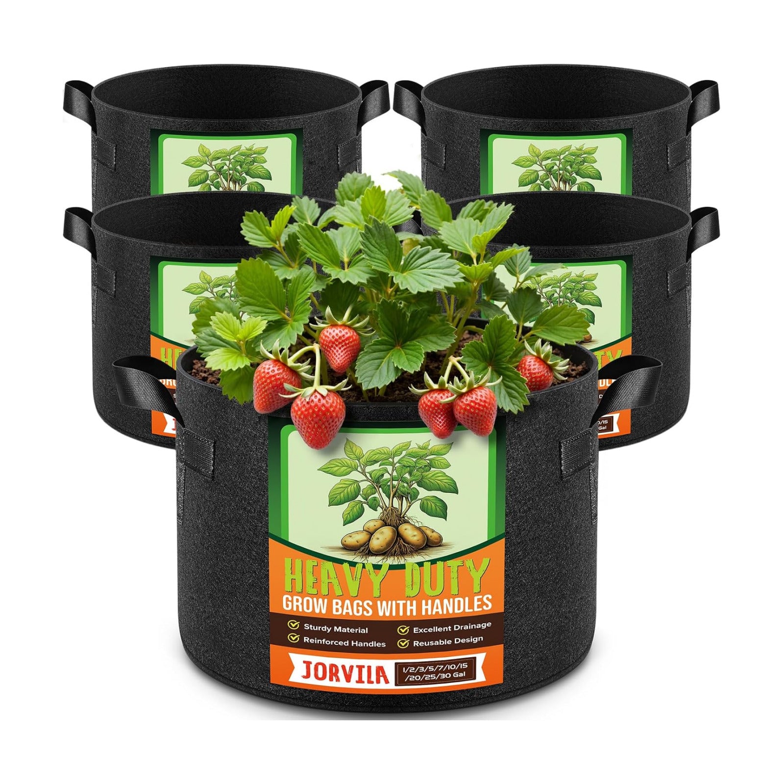 Jorvila 5-Pack 10 Gallon Grow Bags | Thickened Nonwoven Fabric Pots, Garden Grow Bags with Handles, Heavy Duty 300G