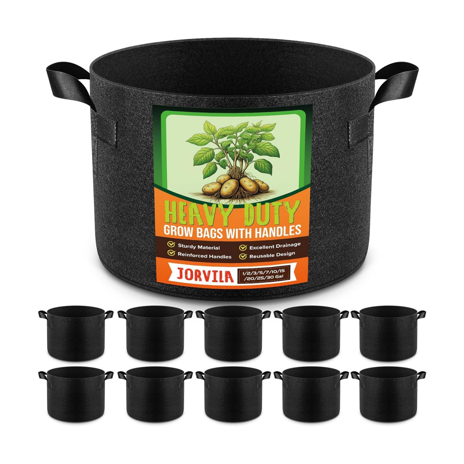 Jorvila 10-Pack 5 Gallon Grow Bags | Thickened Nonwoven Fabric Pots, Garden Grow Bags with Handles, Heavy Duty 300G