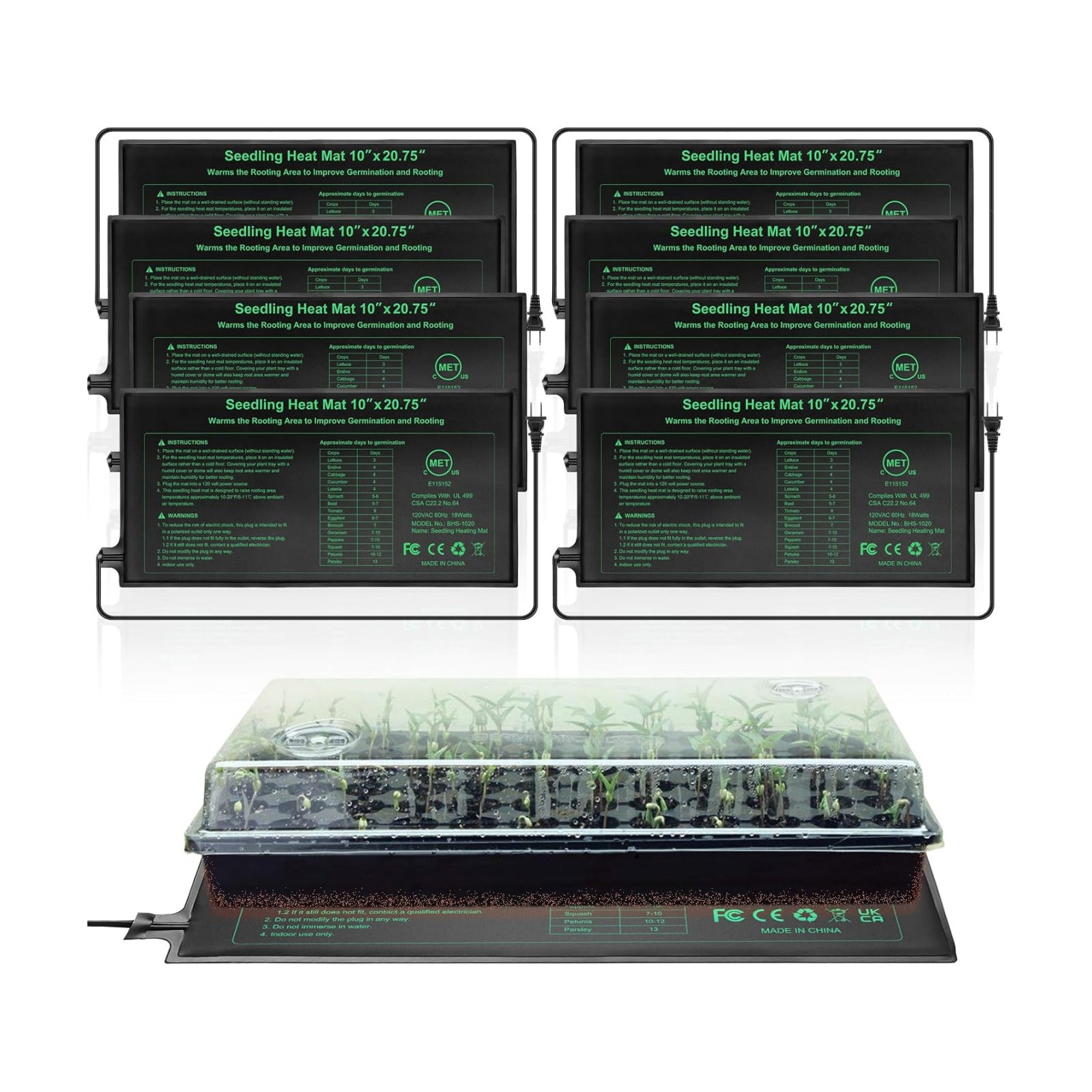 Seedling Heat Mat 8 Pack, 10" x 20.75" MET-Certified Warm Hydroponic Heating Pad, Waterproof Warm Hydroponic Plant