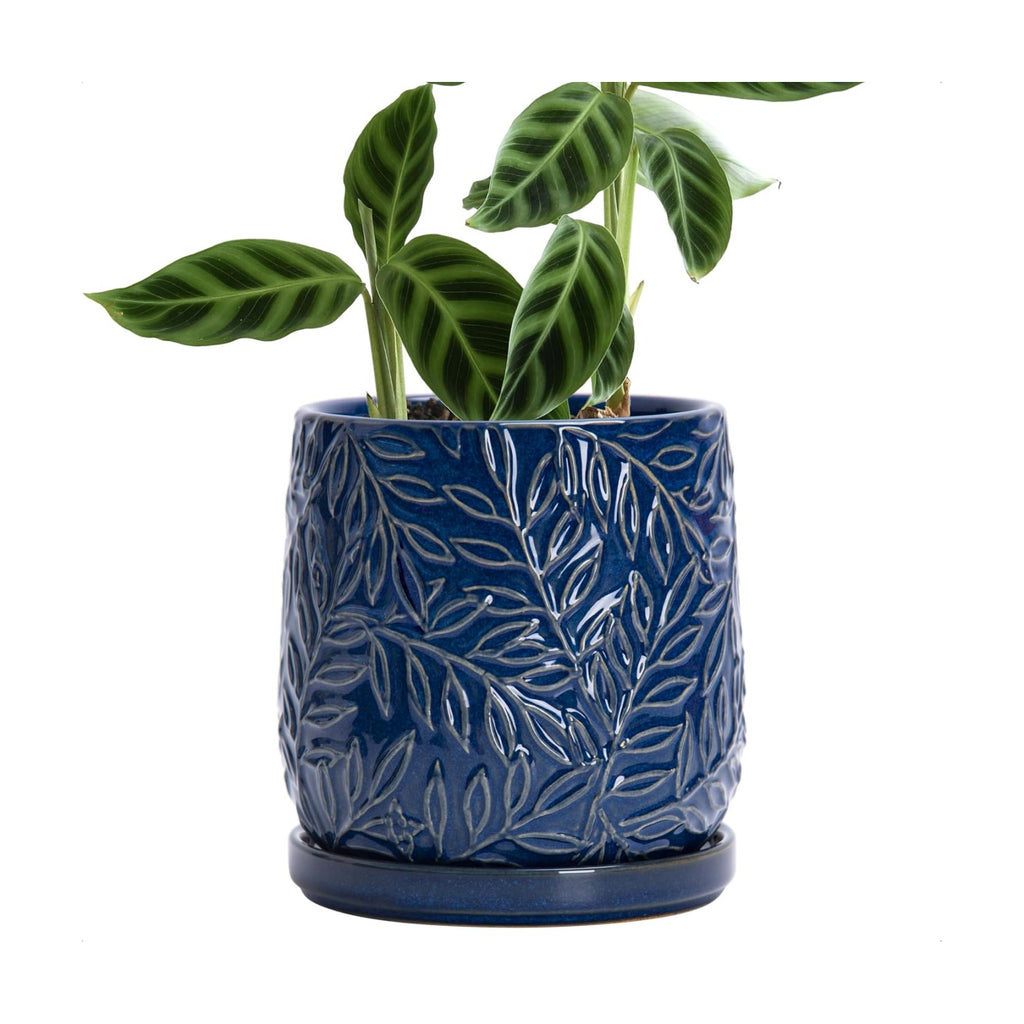 D'vine Dev Embossed Leaves Ceramic Planter, 6 in, Midnight Blue, 27-A-X-3 | Nature-Inspired Leaf Pattern, Handcrafted