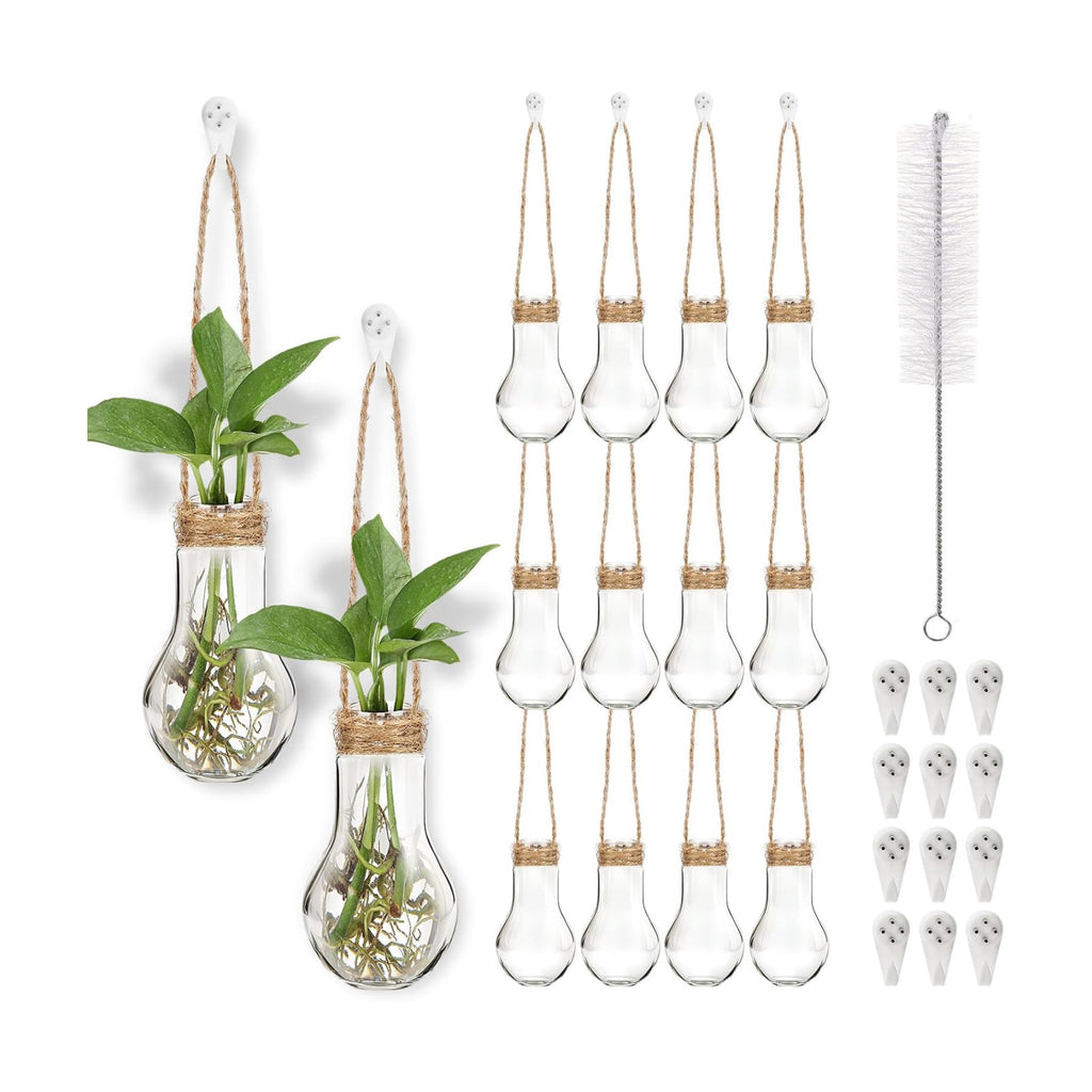 Baderke 12 Pack Hanging Plant Propagation Stations 3.9 Inch Plastic Propagation Vases with Hooks and Cleaning Brush Clear Window Wall Jars for Home, Office, Bathroom Decor, Gift for Plant Lovers