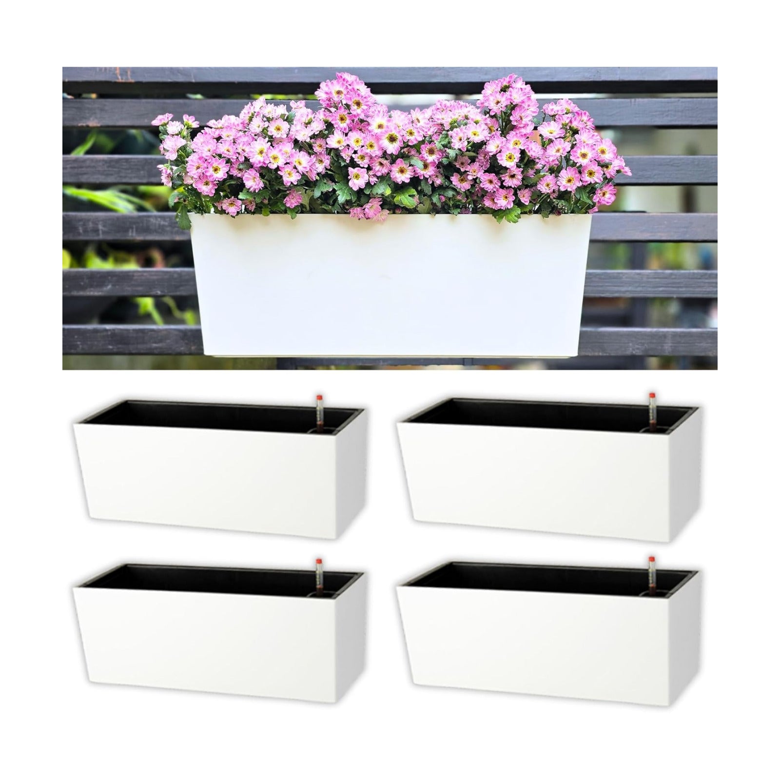 LaLaGreen Railing Planter Box (20 Inch, 4 Pack) White Rectangular Window Flower Boxes with Bracket, Self Watering