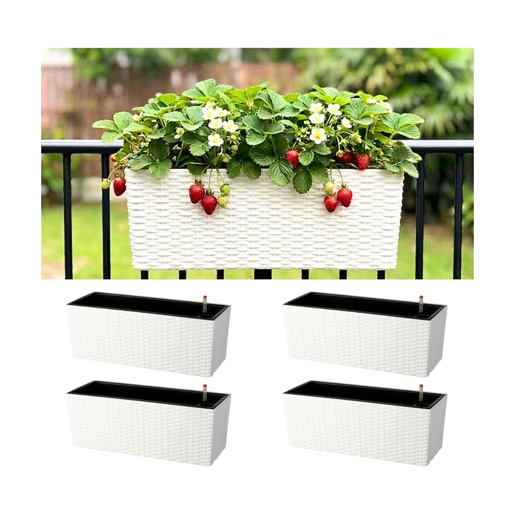 LaLaGreen Deck Railing Planter Box (20 Inch, 4 Pack) White Rectangular Window Flower Boxes with Bracket, Self Watering