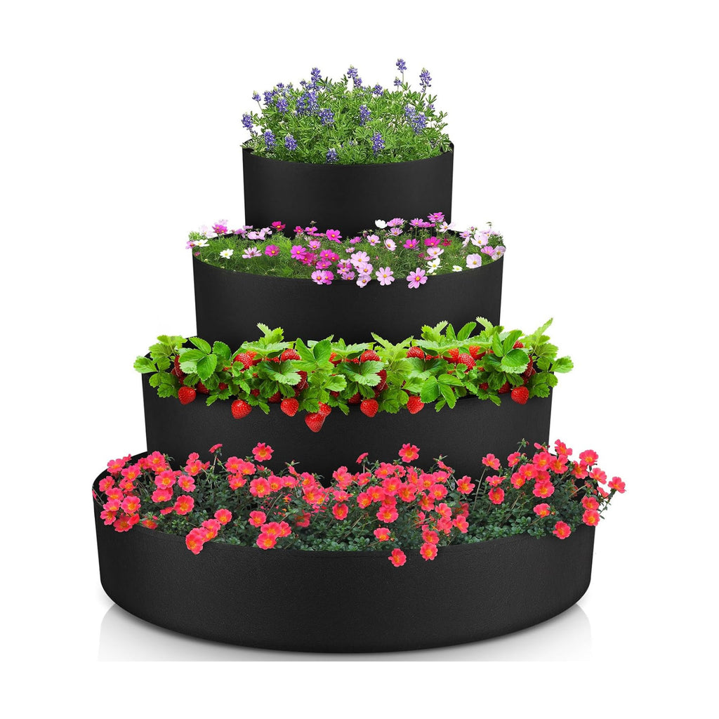 4 Pcs Plant Grow Bags 4 Tiered Strawberry Planter Tower Fabric Raised Garden Beds, 39 Inch Nonwoven Strawberry Pyramid