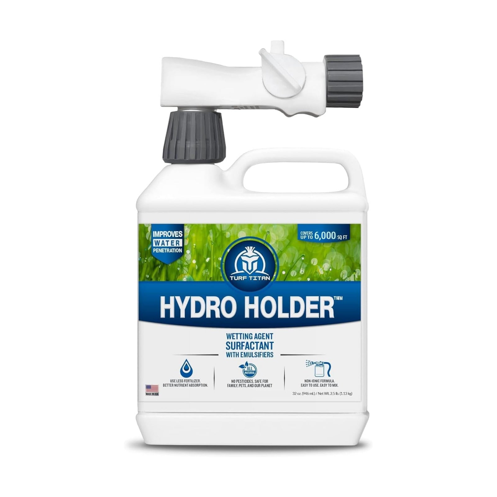 Turf Titan Hydro Holder Soil Wetting Agent for Lawn (32 oz) w/Hose End Sprayer – Improves Water Absorption in Dry &