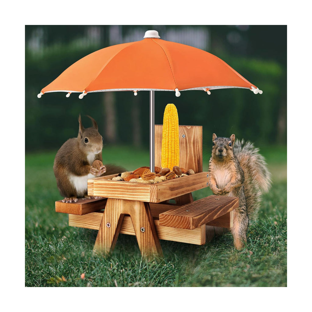 Gnodary Squirrel Feeder with Umbrella, Squirrel Feeders for Outside, Squirrel Picnic Table Feeder - Chipmunk Feeder Hold Corn, Corn Cob, Peanuts (Orange)