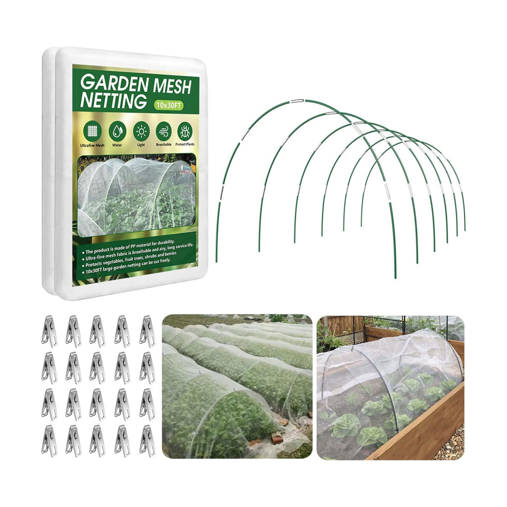 Garden Netting Kit for Raised Beds, 10x30FT Ultra Fine Mesh Netting＆ 6 Sets of 8FT Fiberglass Garden Hoops, Row Cover