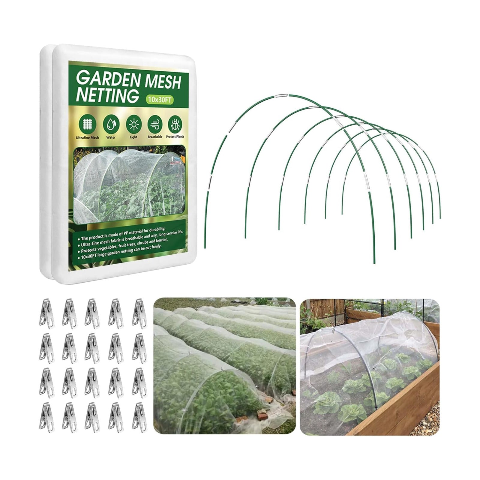 Garden Netting Kit for Raised Beds, 10x30FT Ultra Fine Mesh Netting＆ 6 Sets of 8FT Fiberglass Garden Hoops, Row Cover