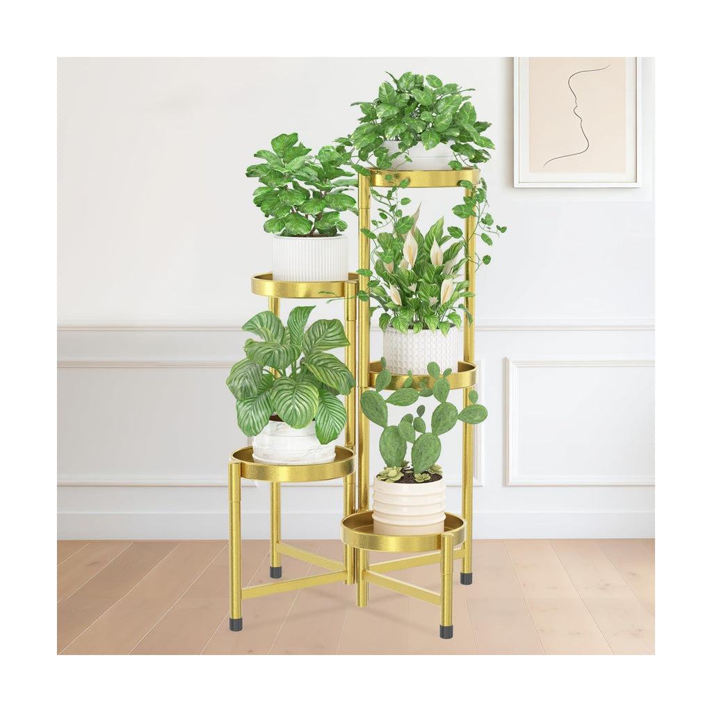iDavosic.ly Plant Stand Indoor Outdoor, 5 Tier Metal Corner Shelf, Gold | Tiered Flower Display Holder, Folding Multi
