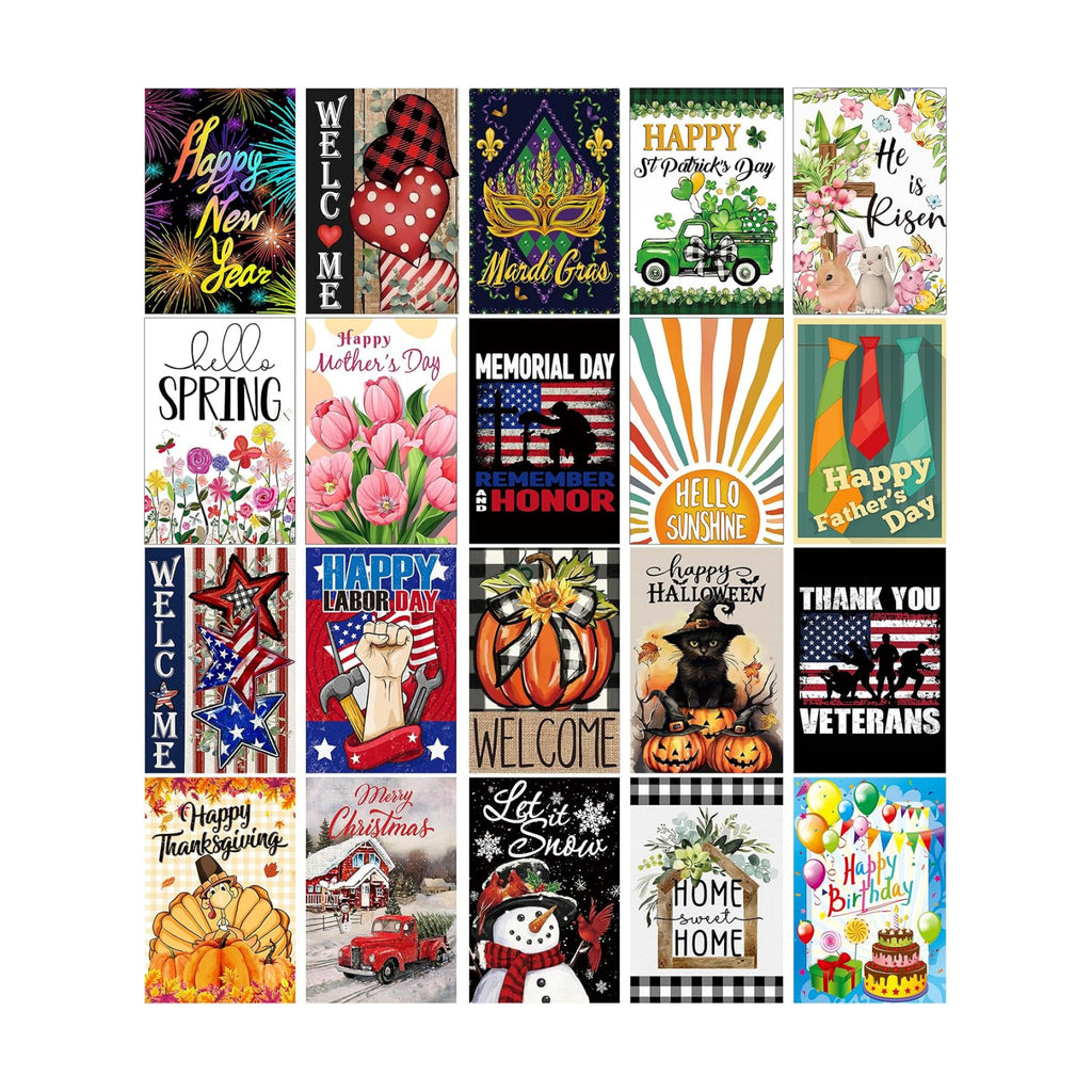 20 Pack Seasonal Garden Flags Set Double Sided 12x18 Inch Small Yard Flags, Holiday Seasonal Garden Flag for Outside