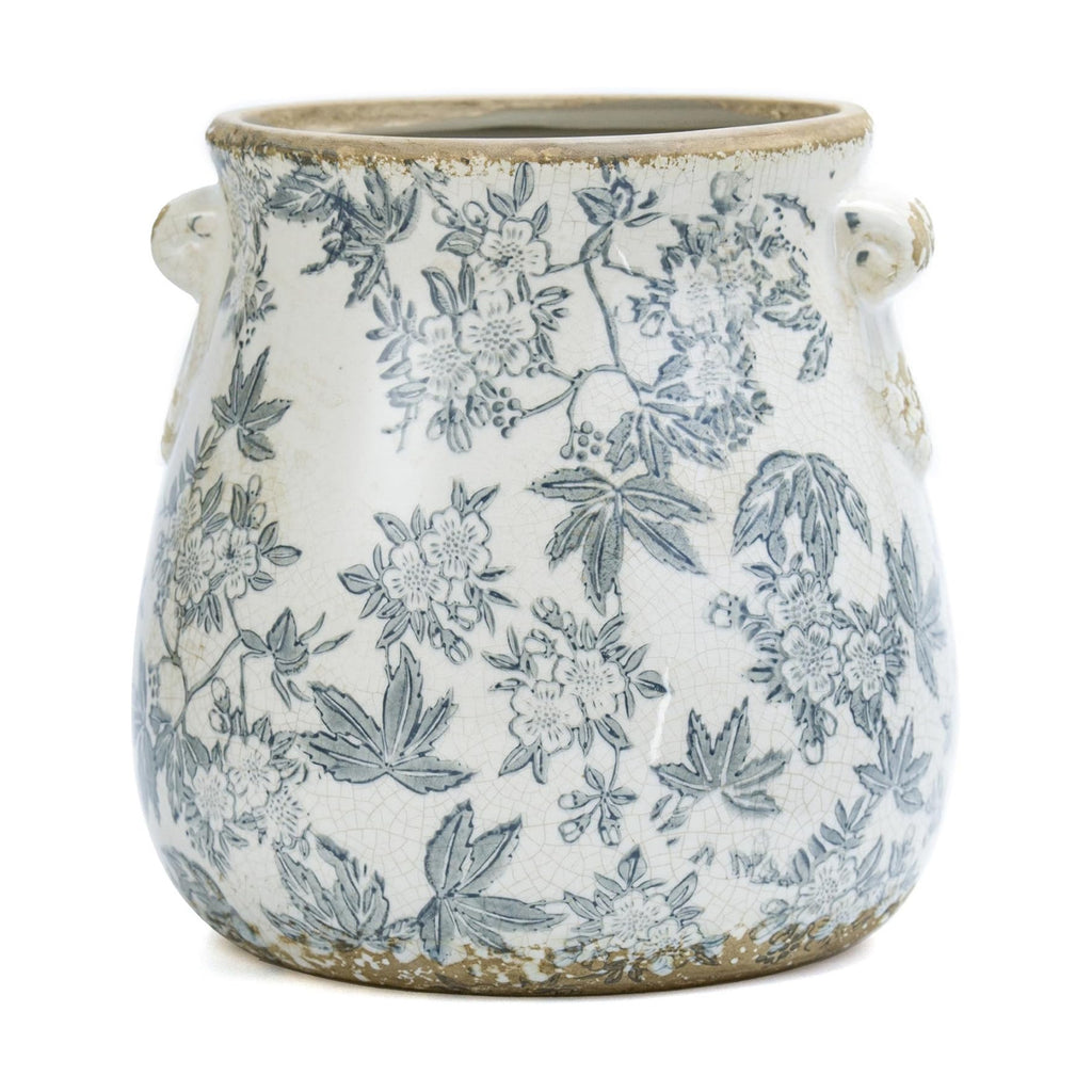 Vintage Grey Ceramic Ice Crack Glaze Flower Pot with Drainage Holes and With Handle, Country Rustic Planters for Indoor
