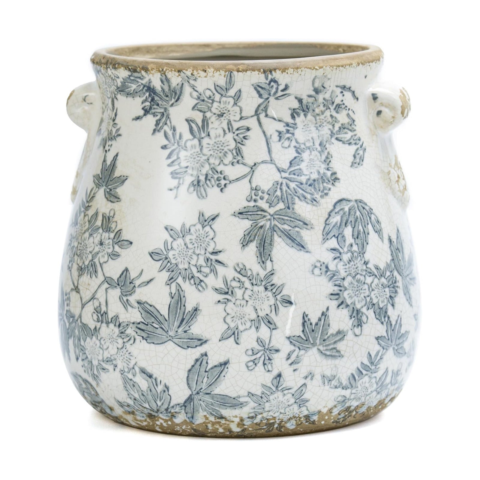 Vintage Grey Ceramic Ice Crack Glaze Flower Pot with Drainage Holes and With Handle, Country Rustic Planters for Indoor