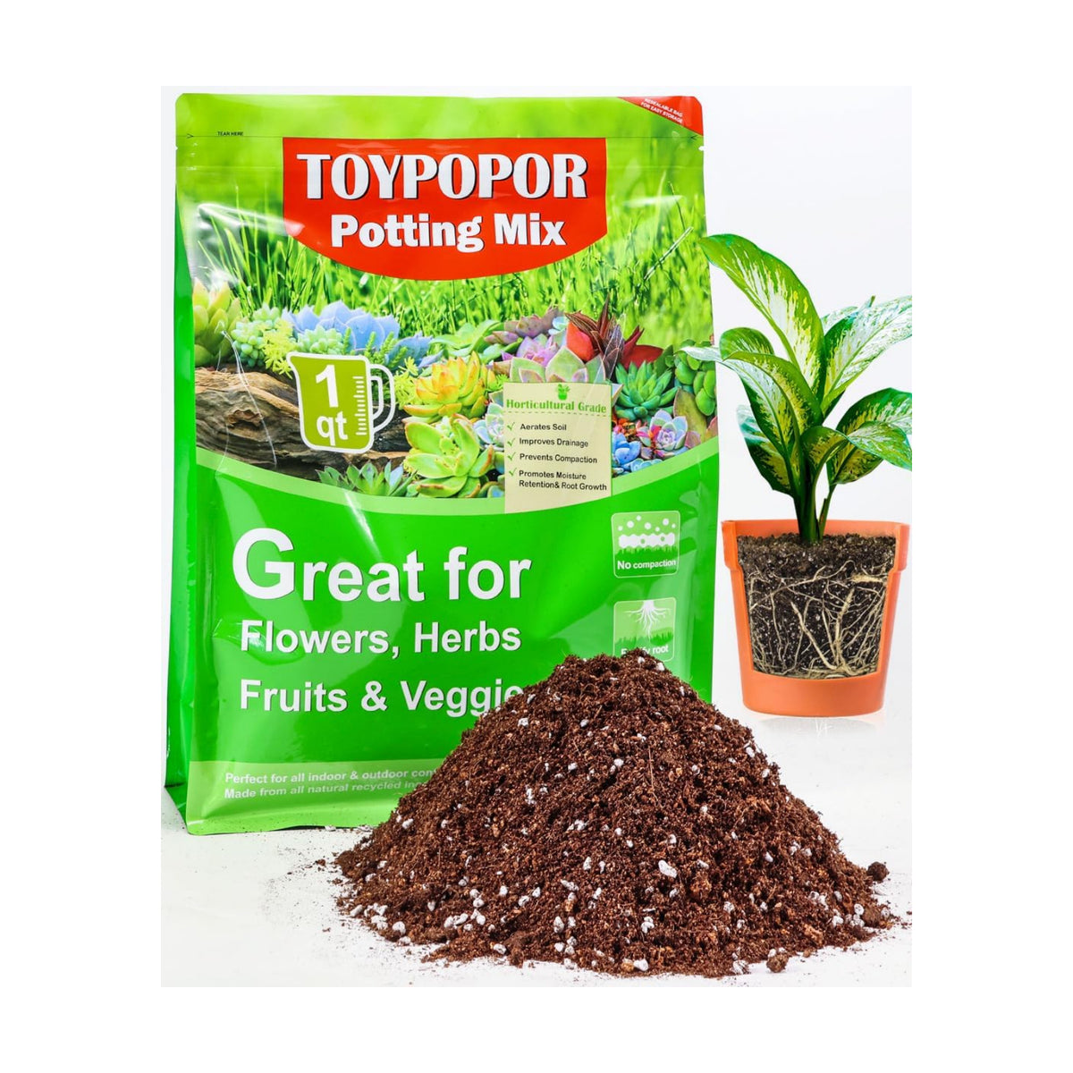 TOYPOPOR Potting Soil for All Indoor Houseplants, Contains Perlite, Peat Moss, Coco Coir and Rice Charcoal, Well Draining Potting Mix Light, Aerated Texture for Healthy Plant Roots and Fast Growth 1qt