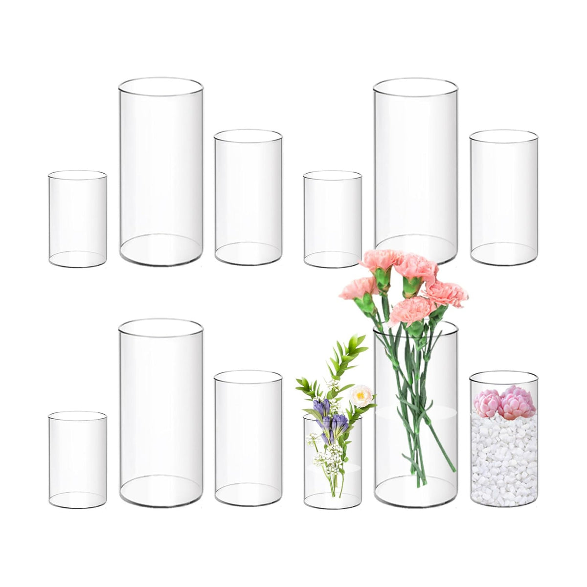 12 Pcs Acrylic Cylinder Vases 4,6,8 Inch Tall Clear Acrylic Flower Vases Bulk Floating Candle Holders Cylinder Plastic Vases for Centerpiece Table Wedding Home