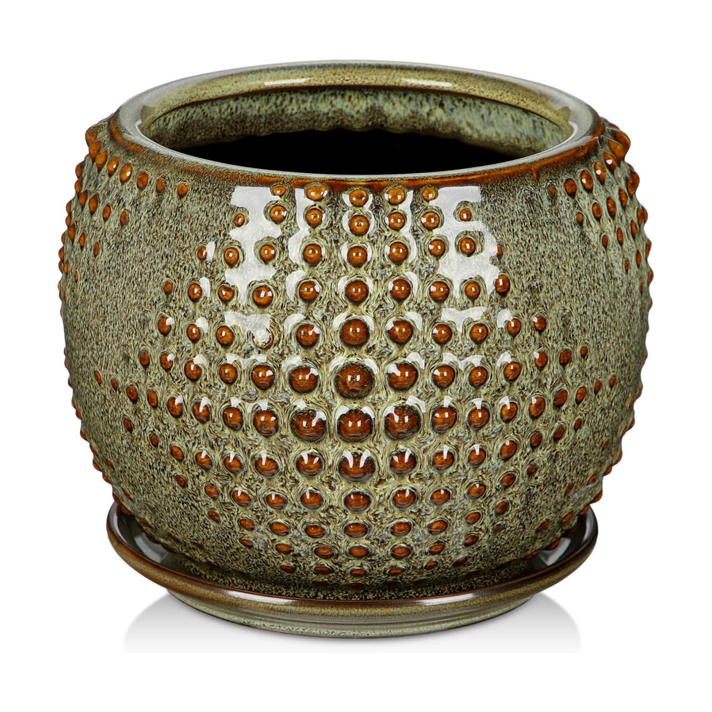 Oairse Ceramic Pot for Indoor Plants, 7 inch Plant Pot with Drainage Hole and Saucer Decorative Brown Planter with