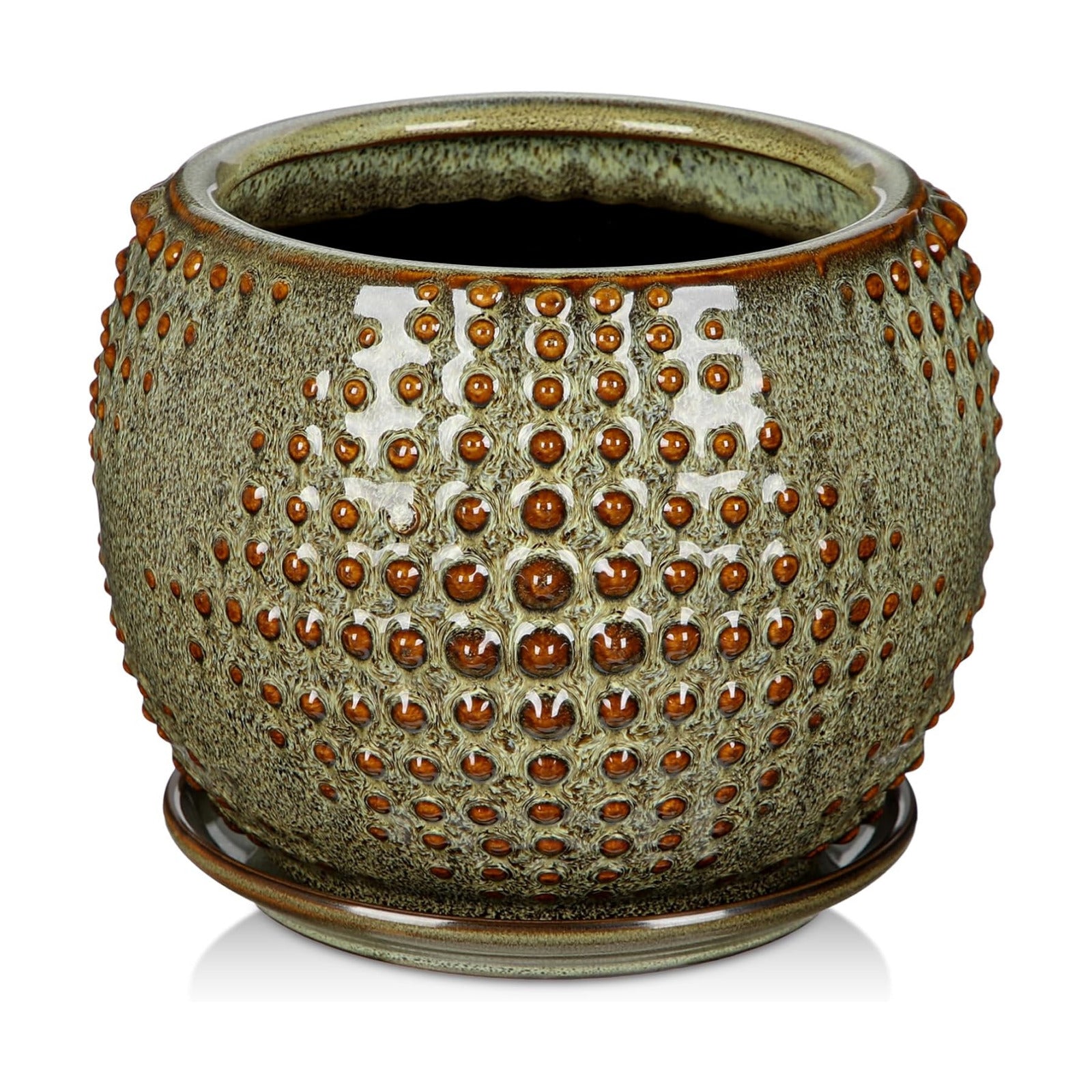 Oairse Ceramic Pot for Indoor Plants, 7 inch Plant Pot with Drainage Hole and Saucer Decorative Brown Planter with