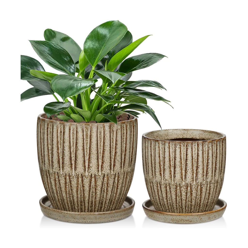 Oairse Ceramic Pots for Indoor Plants, 4.7 +5.7 inch Pots for Plants Set of 2 Brown Plant Pots with Drainage Holes and