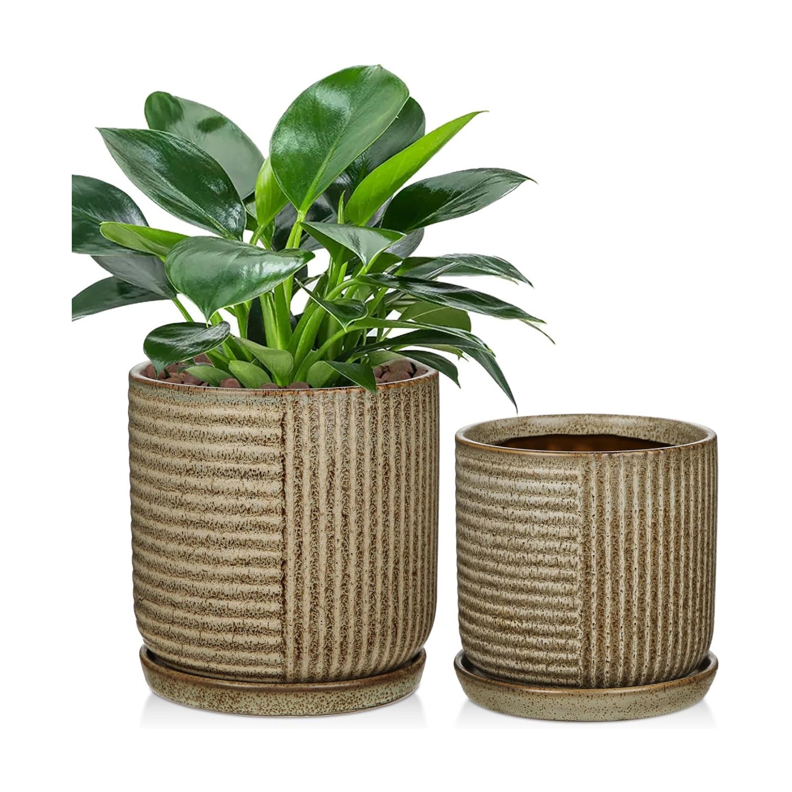 Oairse Ceramic Pots for Indoor Plants, 6.1 +4.9 inch Pots for Plants Set of 2 Brown Plant Pots with Drainage Holes and