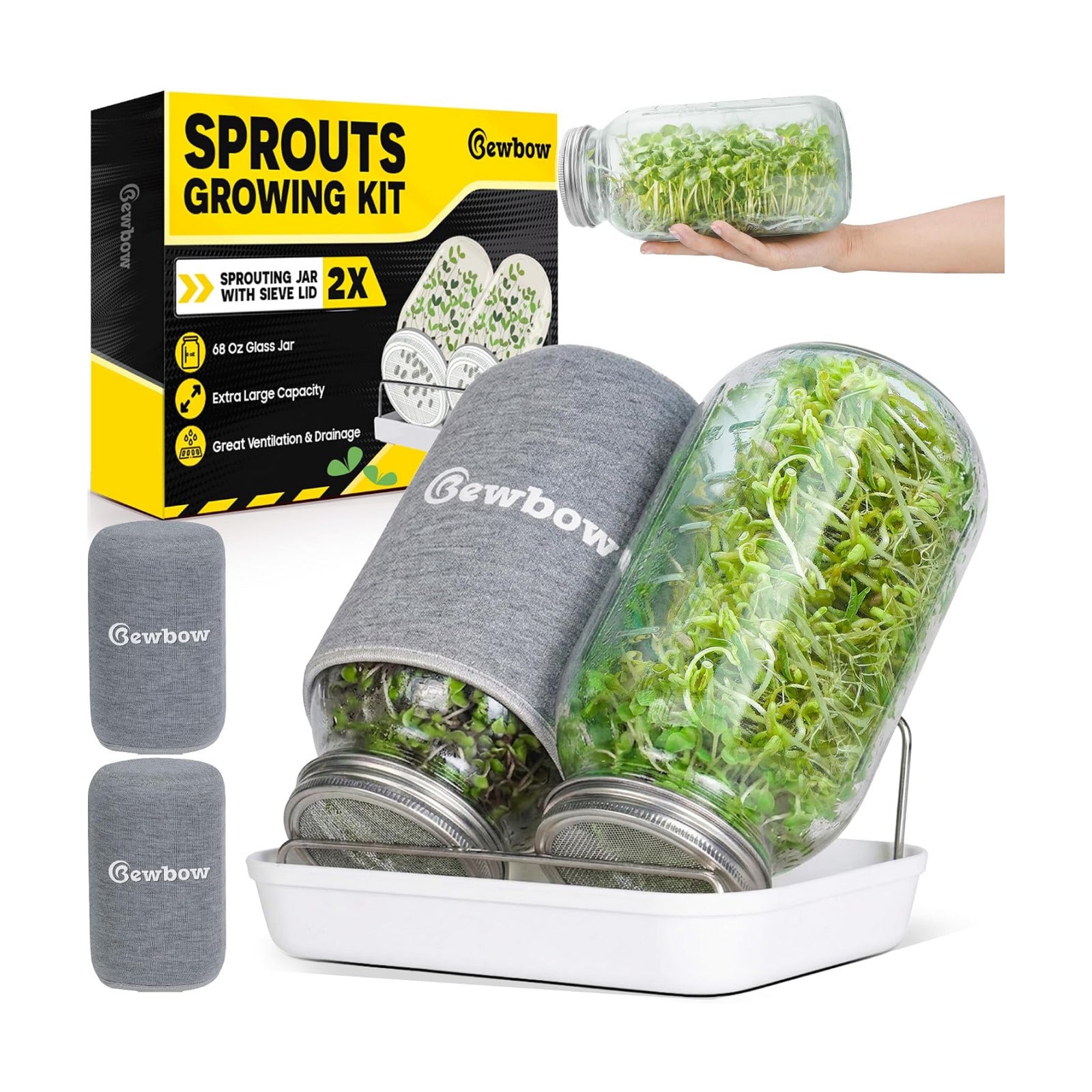 2000ml(68oz) LARGE SIZE Seed Sprouting Mason Jar Kit with Stand, Drain Tray | Screen Lids Seed Sprouting Kit, Blackout
